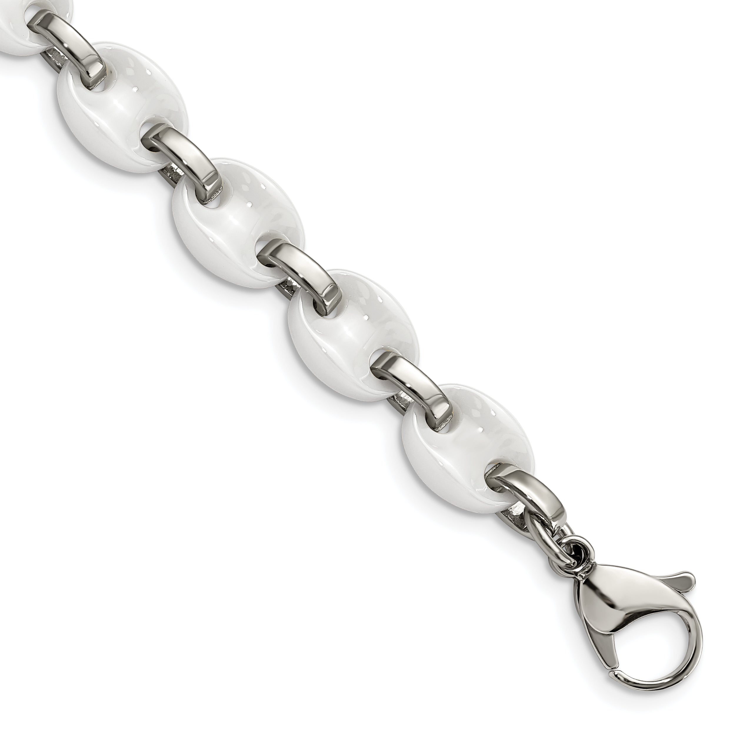 Chisel Stainless Steel Polished with White Ceramic 7 inch Bracelet with 1 inch Extension