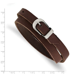 Chisel Stainless Steel Polished Brown Leather 8.5 inch Adjustable Wrap Bracelet