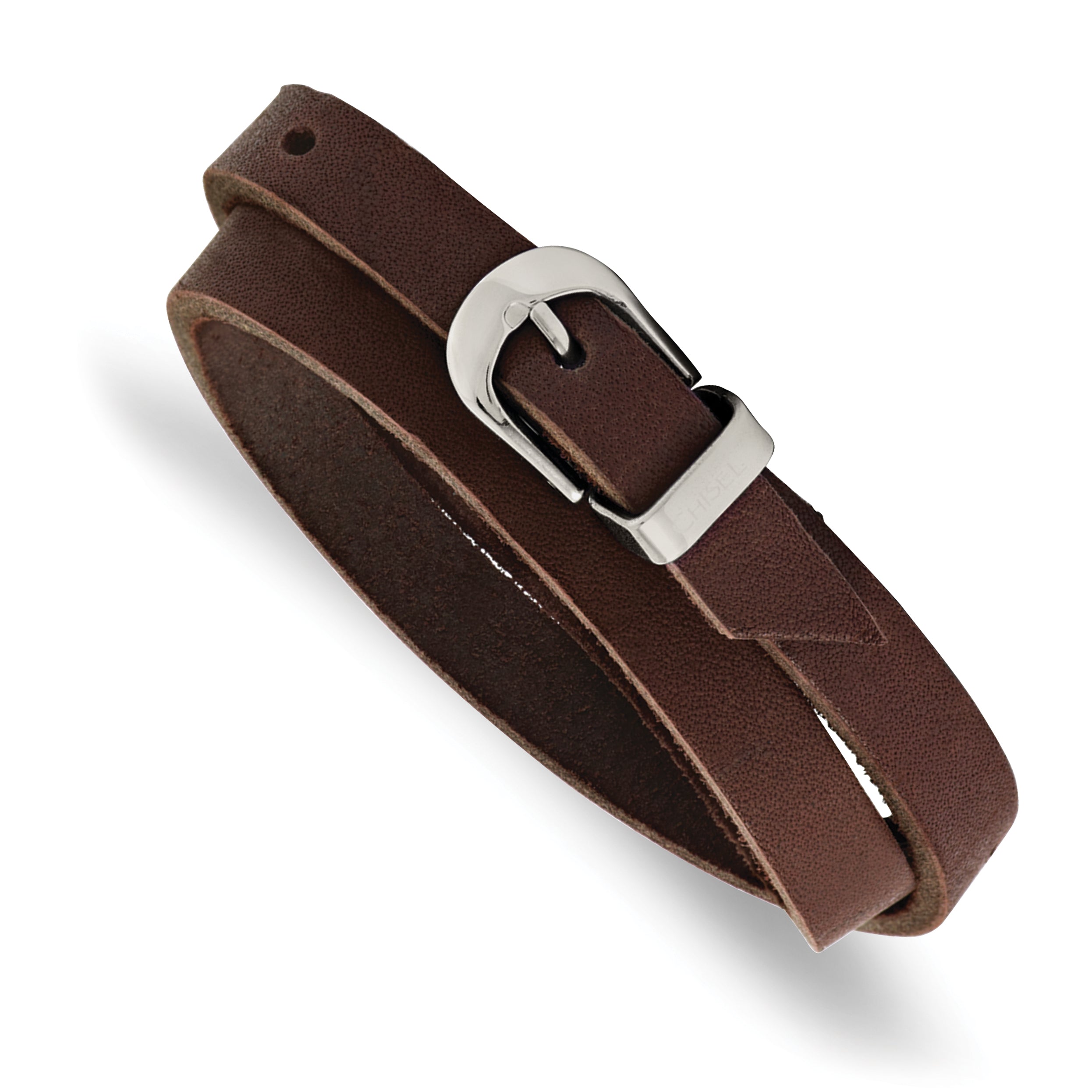 Chisel Stainless Steel Polished Brown Leather 8.5 inch Adjustable Wrap Bracelet