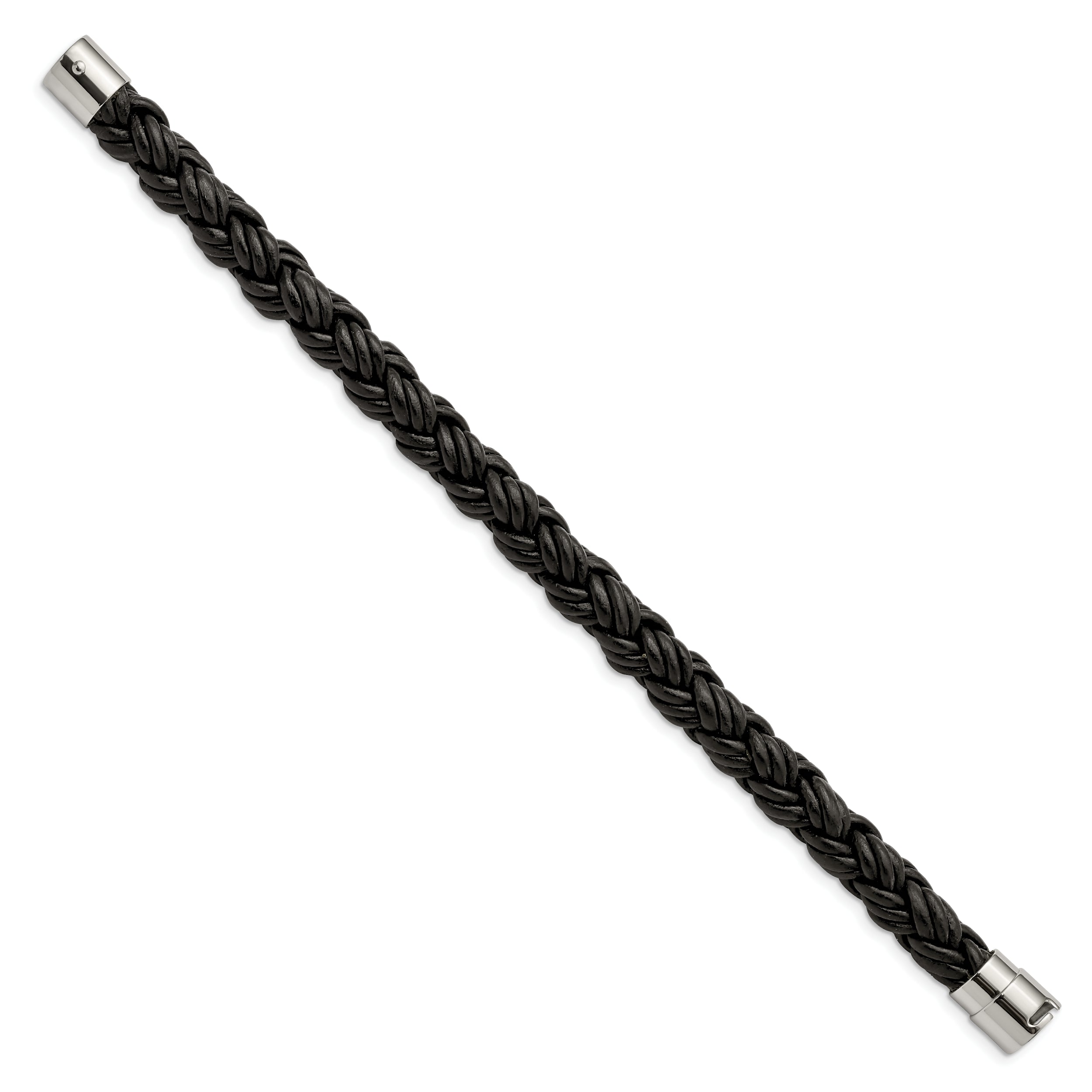 Chisel Stainless Steel Polished Twisted Black Braided Leather 8.5 inch Bracelet