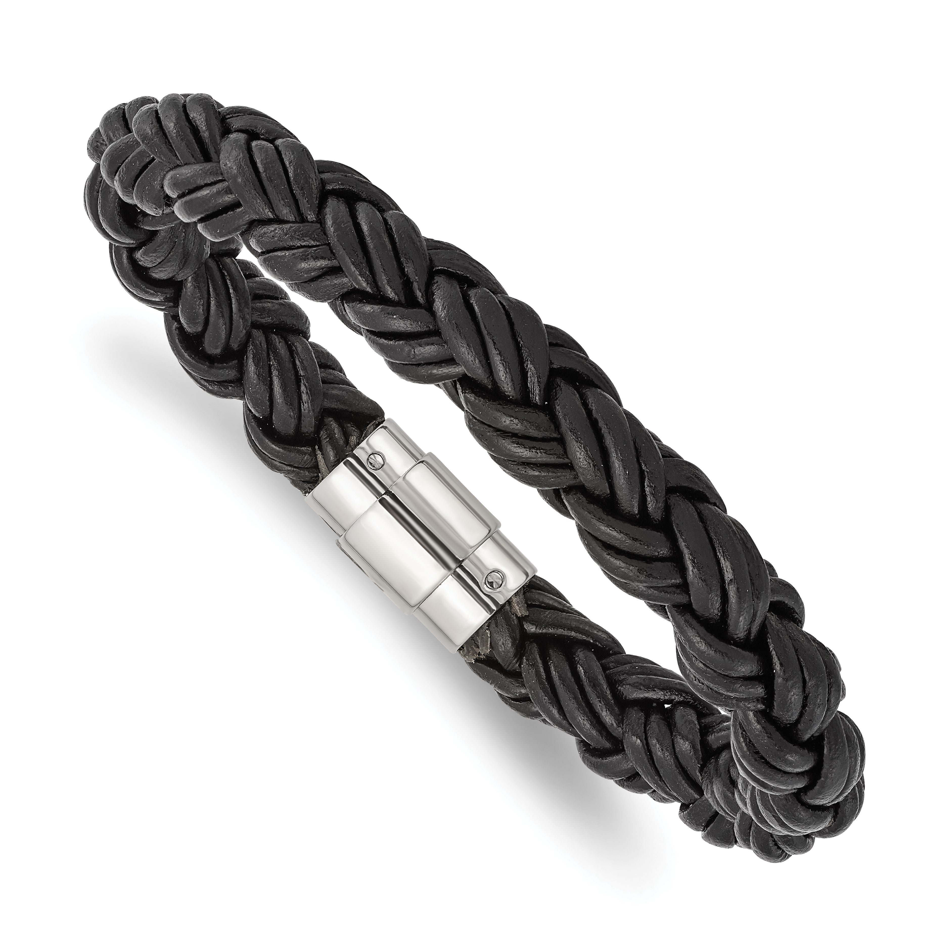 Chisel Stainless Steel Polished Twisted Black Braided Leather 8.5 inch Bracelet