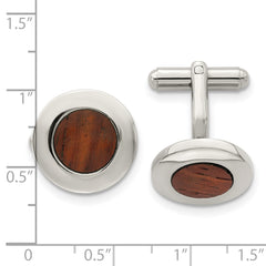 Chisel Stainless Steel Polished Koa Wood Inlay Circle Cufflinks