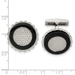 Stainless Steel Polished Black IP-plated Textured Edge Circle Cufflinks