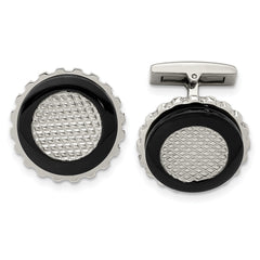 Stainless Steel Polished Black IP-plated Textured Edge Circle Cufflinks