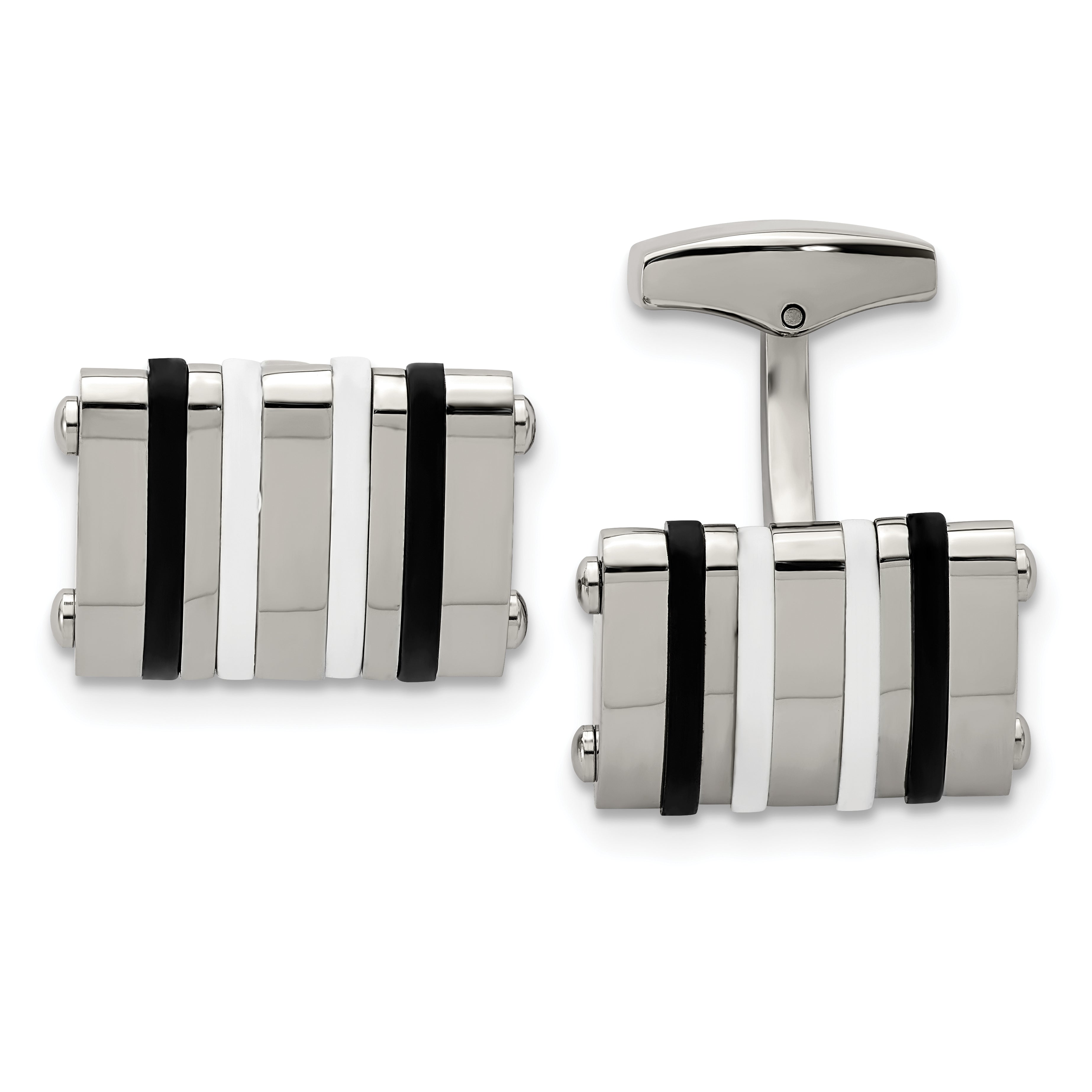 Chisel Stainless Steel Polished Black and White Rubber Bands Rectangle Cufflinks