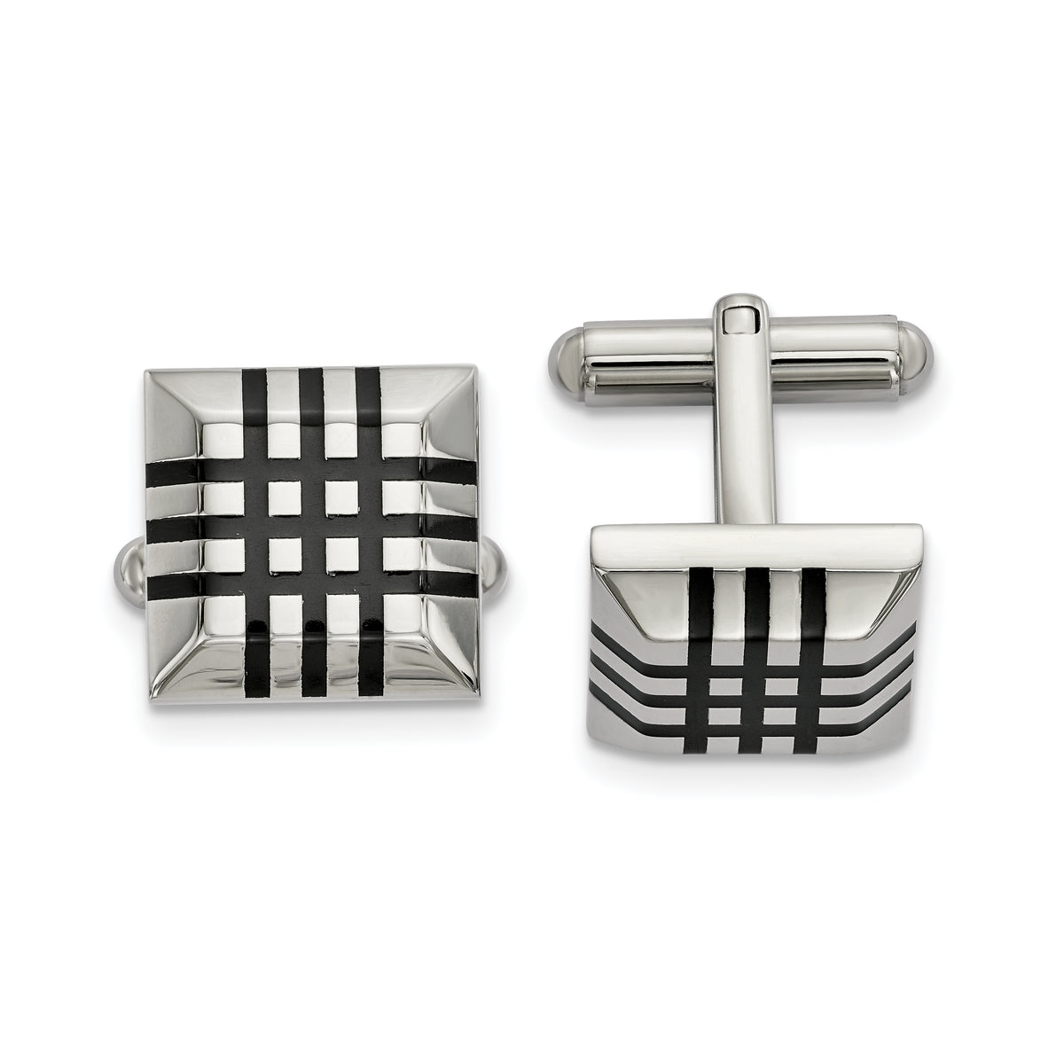 Chisel Stainless Steel Polished with Black Rubber Stripes Cufflinks