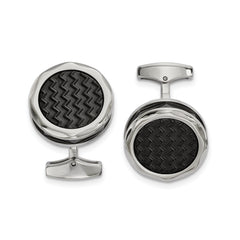 Stainless Steel Polished/Textured Zig Zag Black IP-plated Round Cufflinks