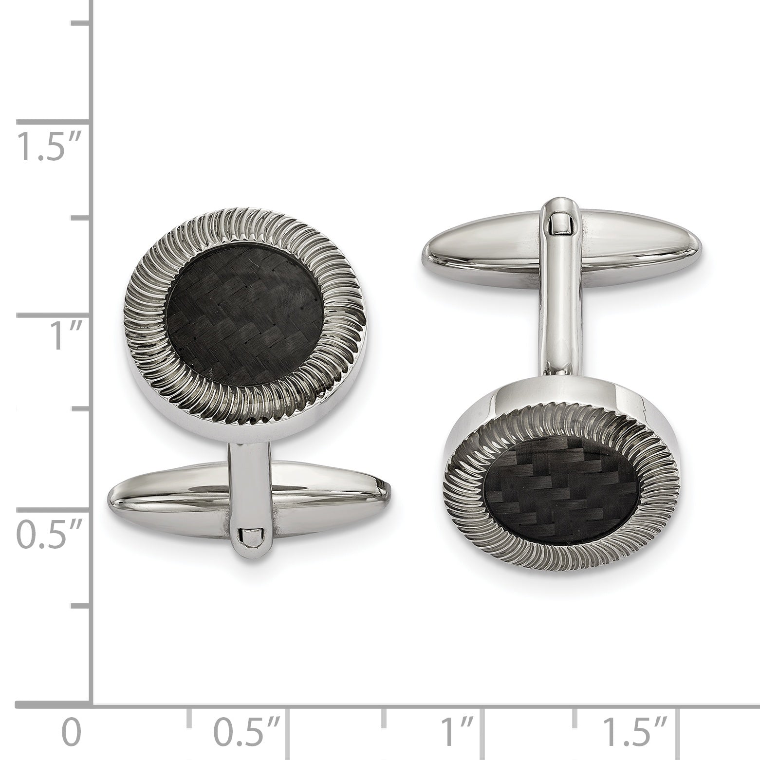 Stainless Steel Polished Textured Black Carbon Fiber Inlay Circle Cufflinks