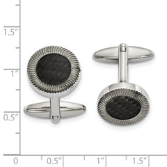 Stainless Steel Polished Textured Black Carbon Fiber Inlay Circle Cufflinks