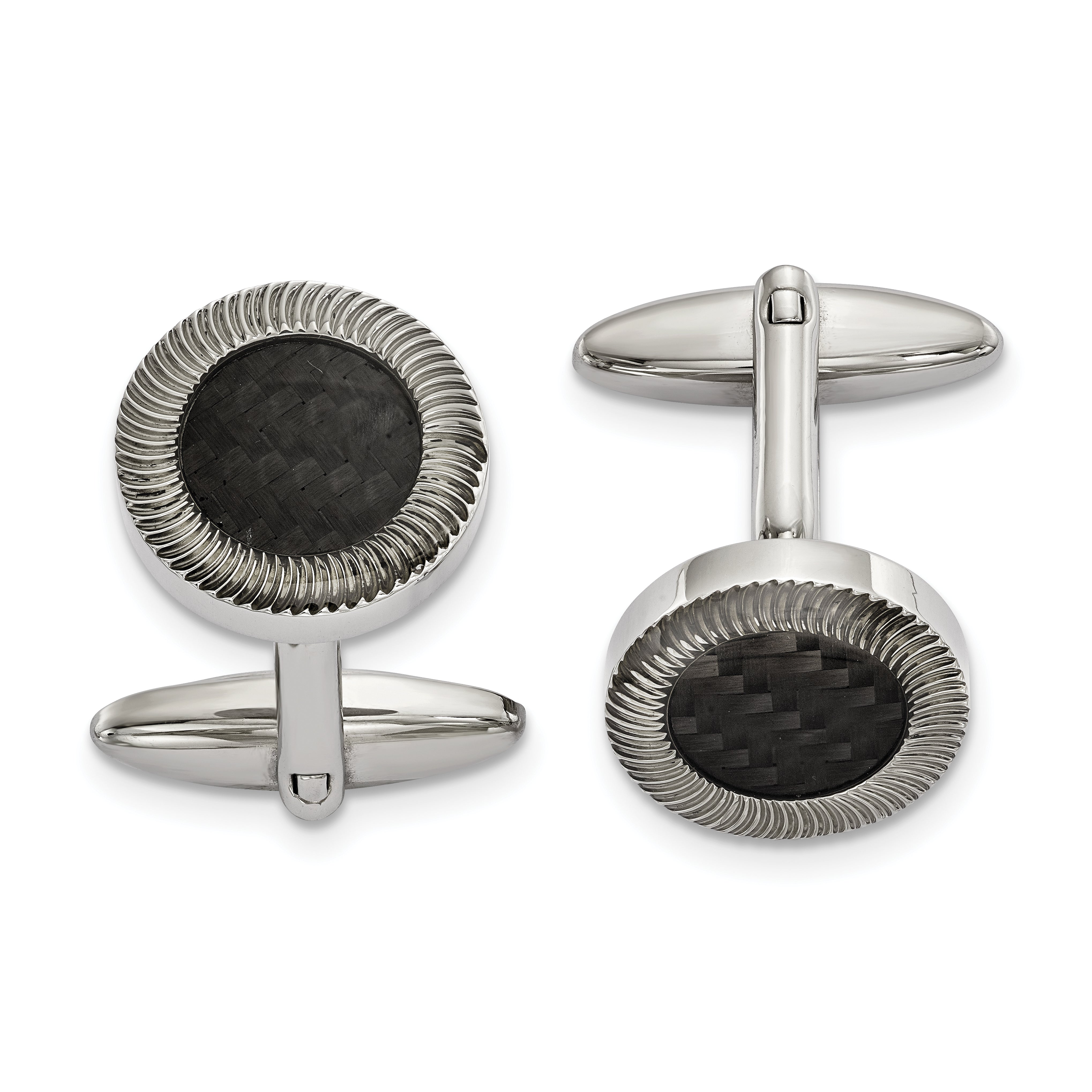 Stainless Steel Polished Textured Black Carbon Fiber Inlay Circle Cufflinks