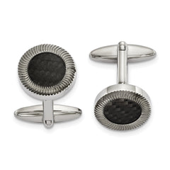 Stainless Steel Polished Textured Black Carbon Fiber Inlay Circle Cufflinks