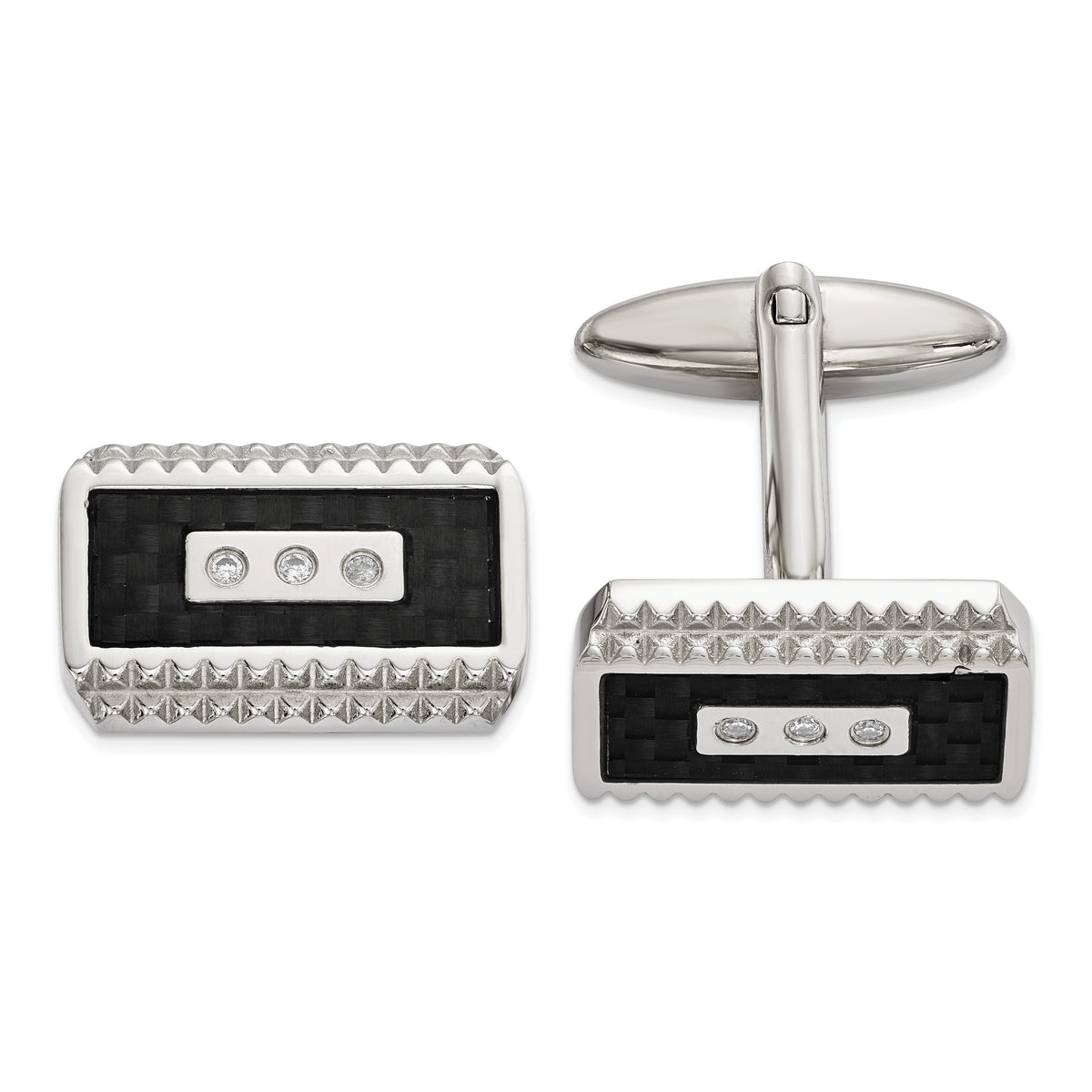 Chisel Stainless Steel Polished and Textured Black Carbon Fiber Inlay CZ Cufflinks