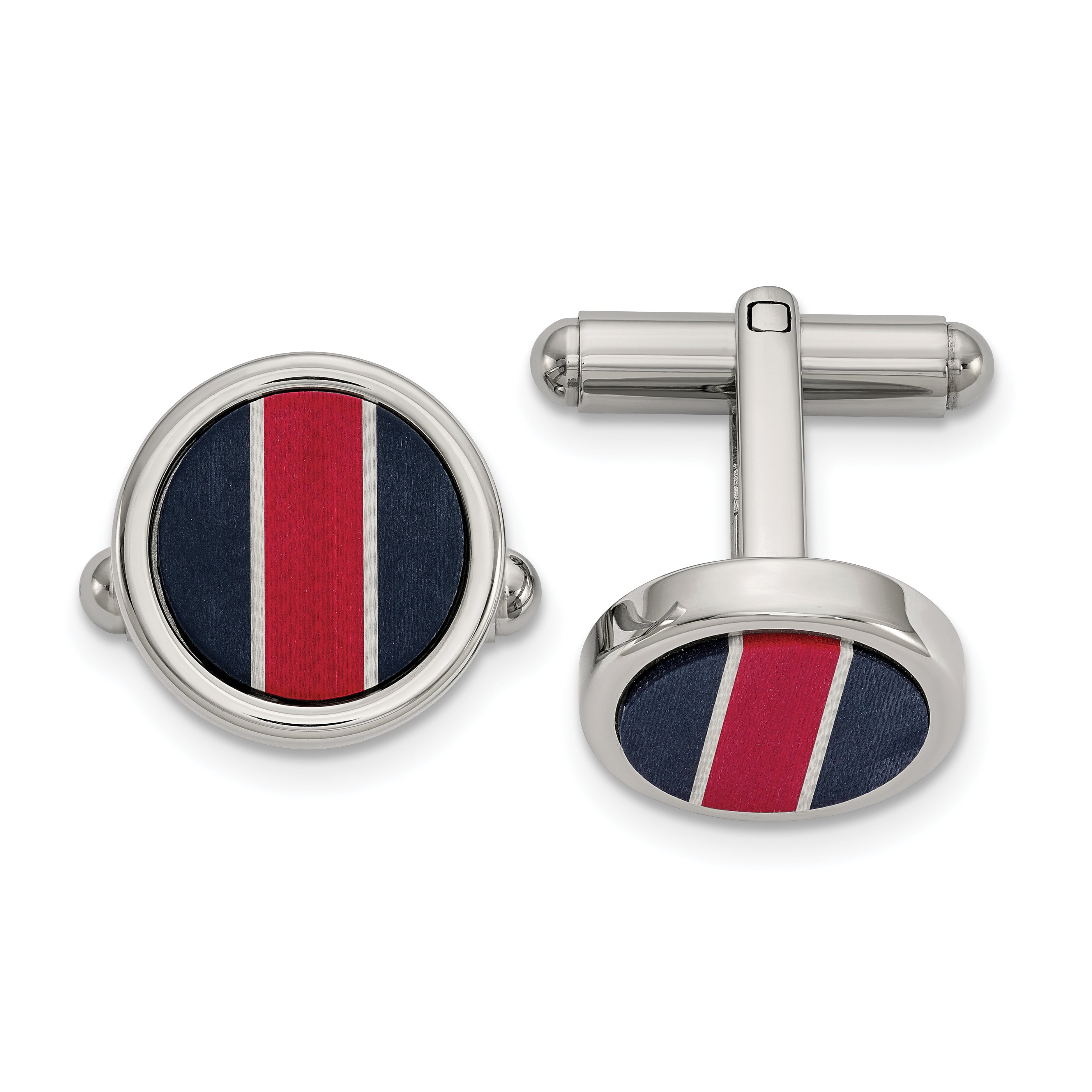 Stainless Steel Polished BlkCarbon & Red/White FiberGlass Inlay Cufflinks