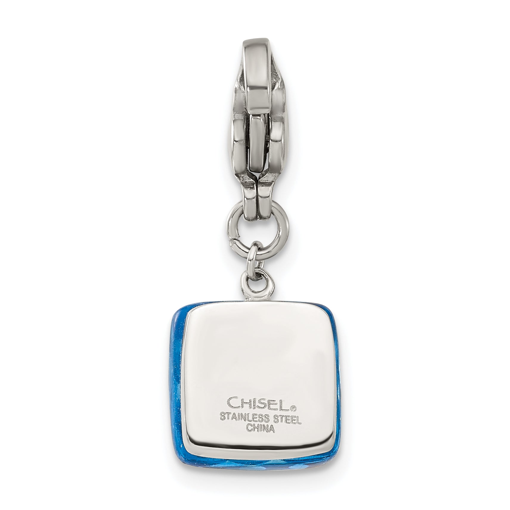 Stainless Steel Polished Blue Glass Square Lobster Clasp Charm