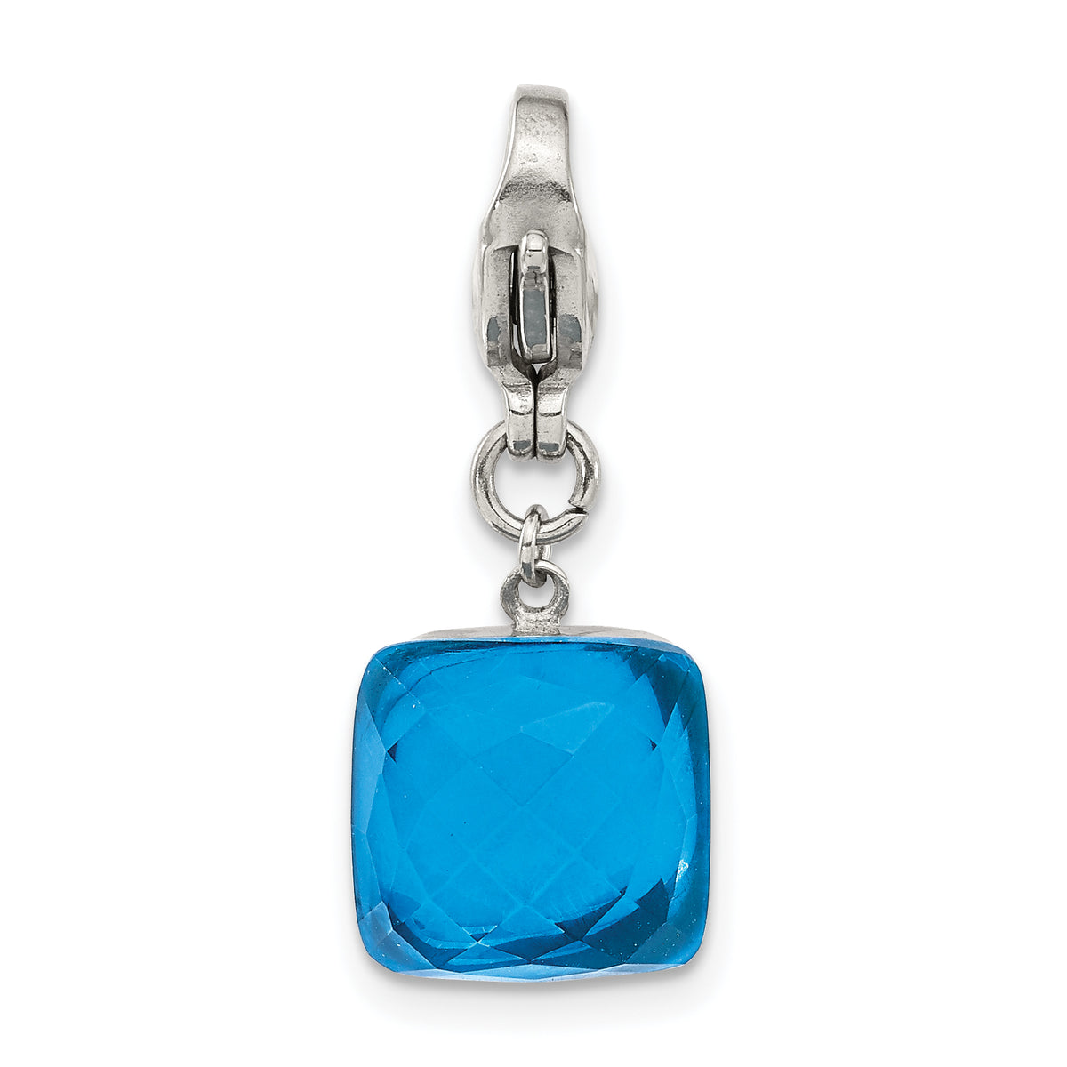 Stainless Steel Polished Blue Glass Square Lobster Clasp Charm