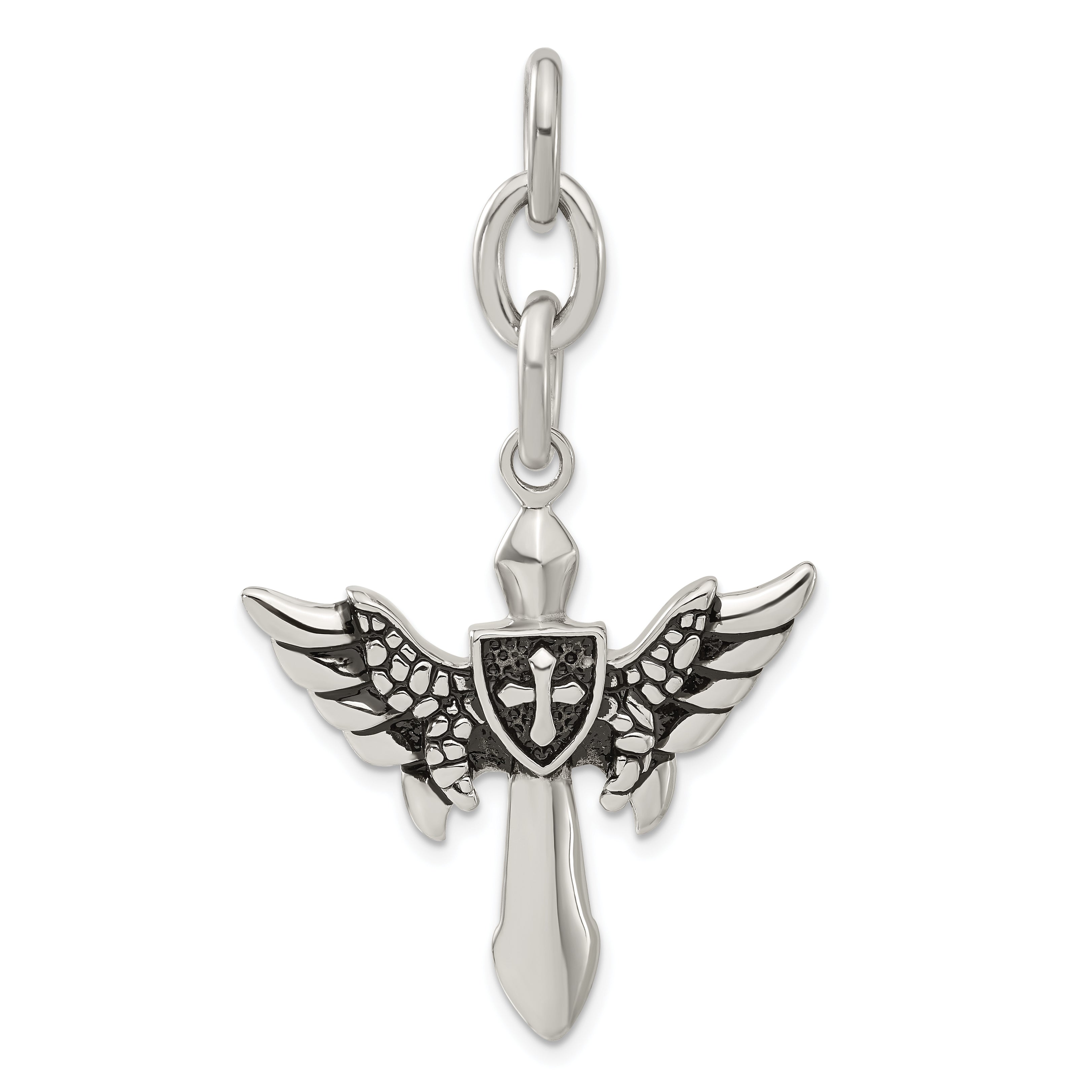 Stainless Steel Antiqued Wings w/ Cross Interchangeable Charm Pendant