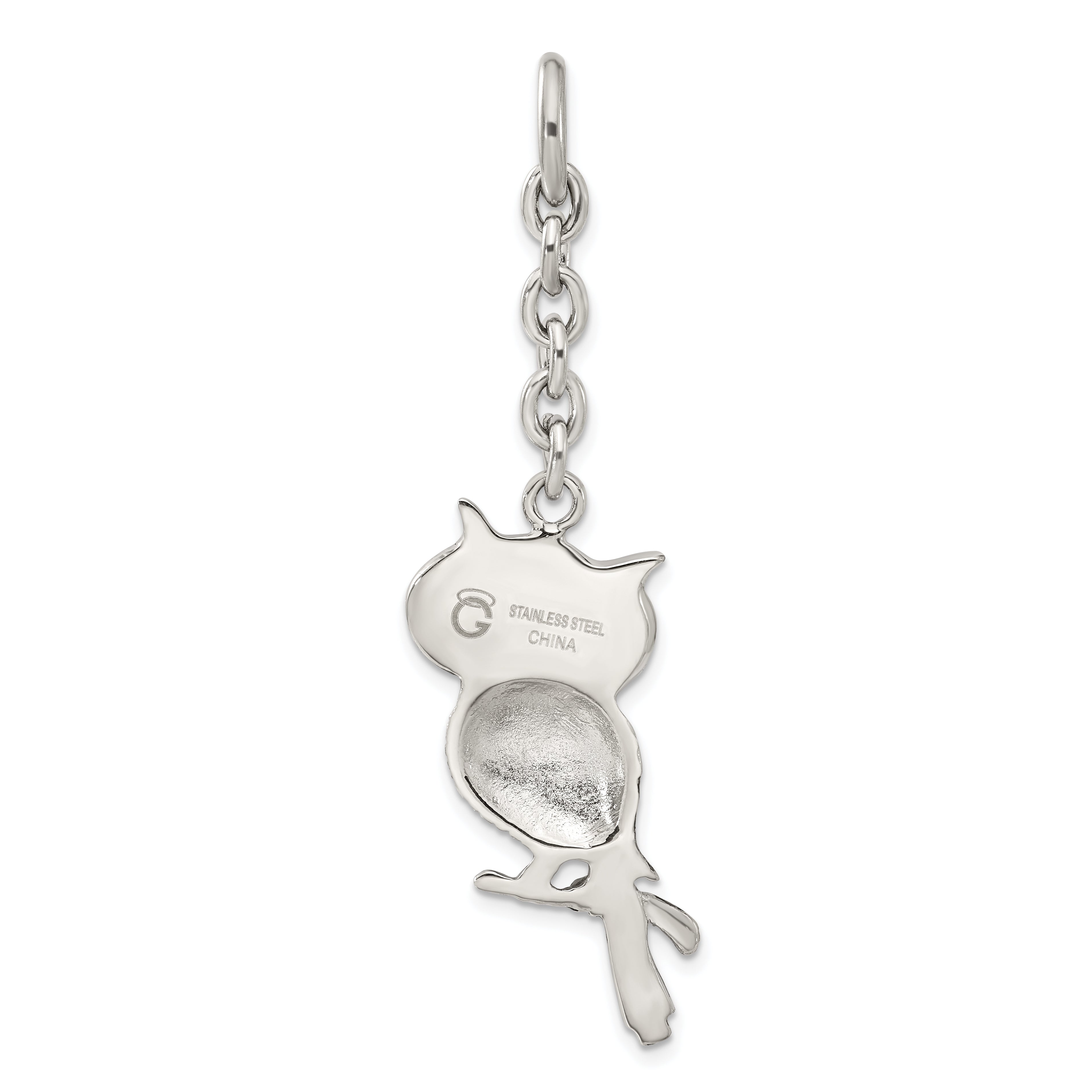 Stainless Steel Antiqued Owl With  CZ Interchangeable Charm Pendant