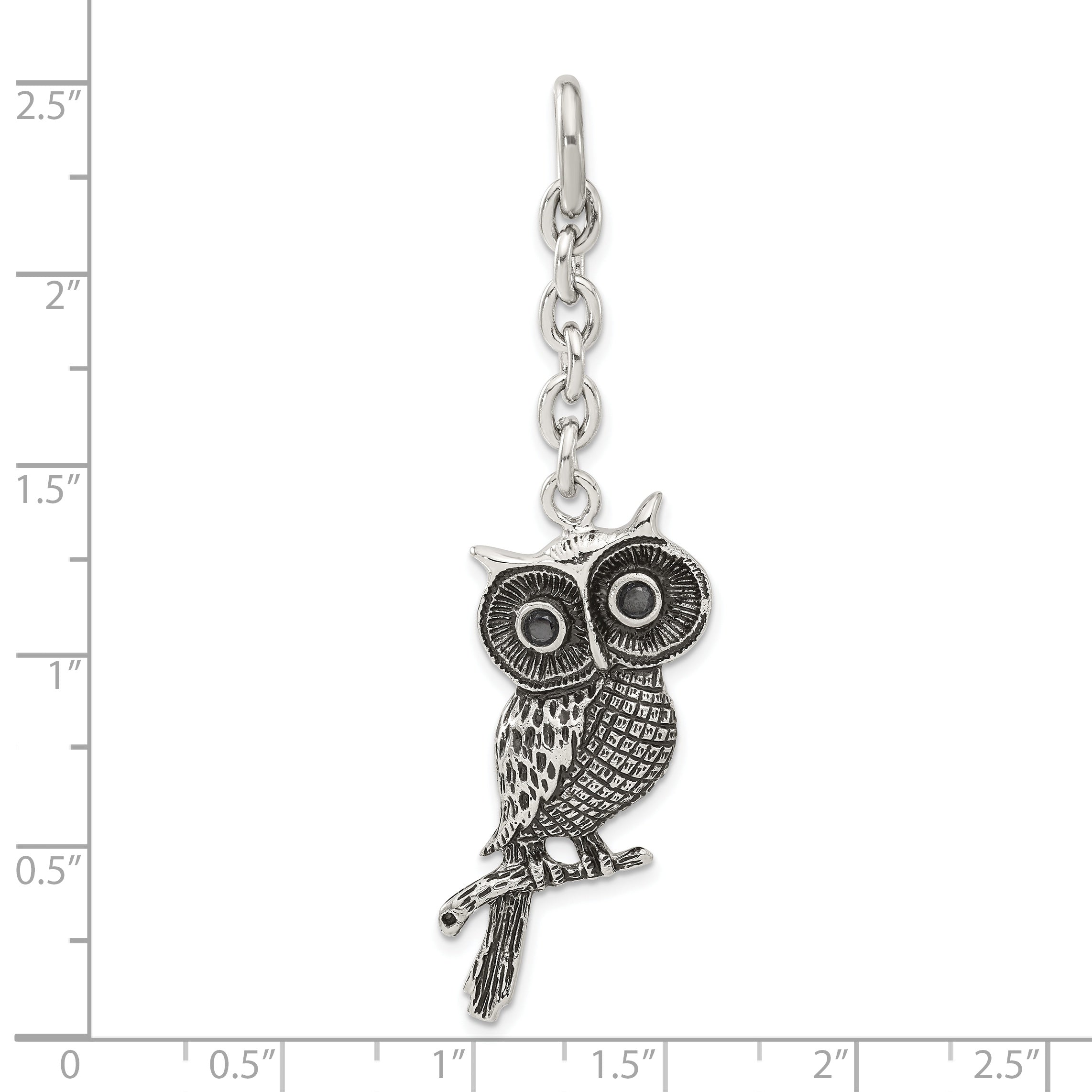 Stainless Steel Antiqued Owl With  CZ Interchangeable Charm Pendant