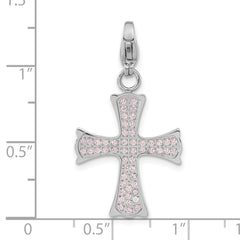 Stainless Steel Polished Pink CZ Cross with Lobster Clasp Charm