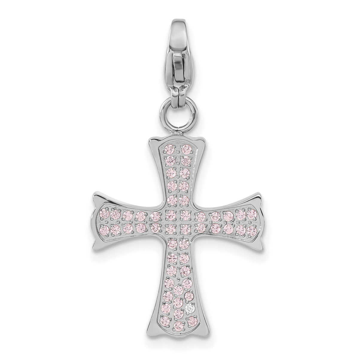 Stainless Steel Polished Pink CZ Cross with Lobster Clasp Charm