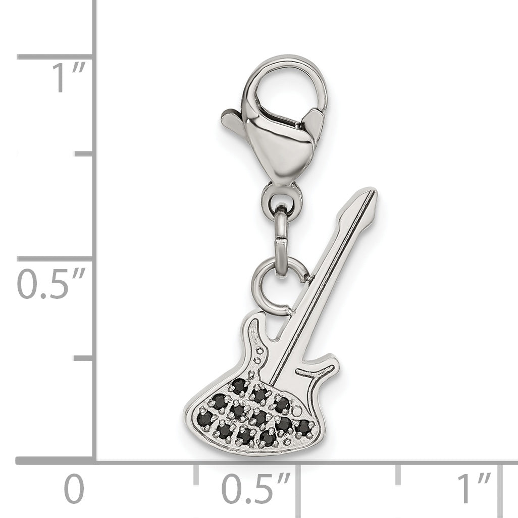 Stainless Steel Polished Black CZ Guitar with Lobster Clasp Charm