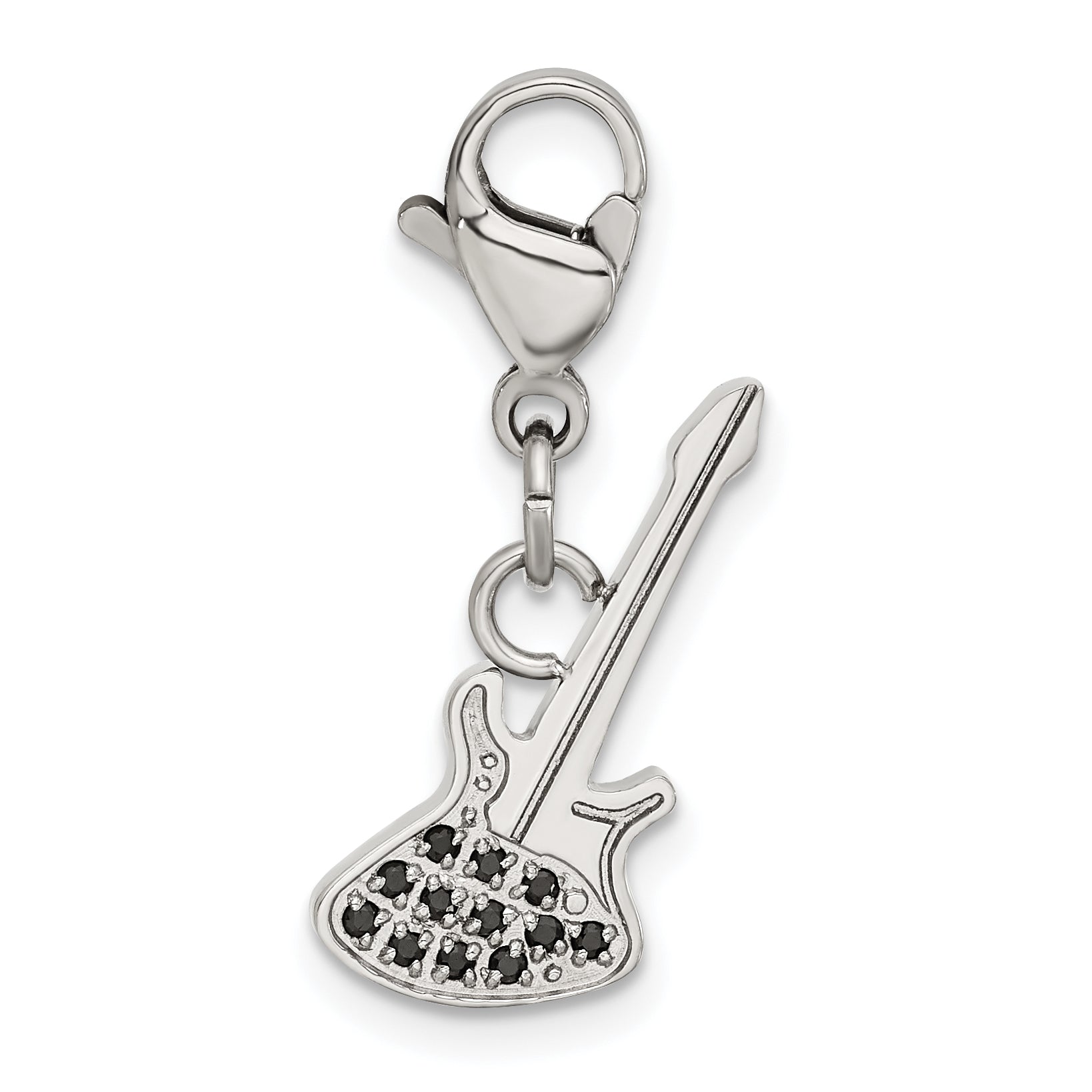 Stainless Steel Polished Black CZ Guitar with Lobster Clasp Charm