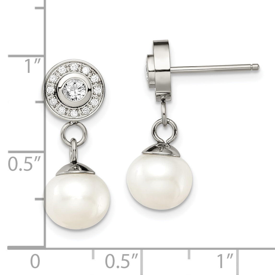 Chisel Stainless Steel Polished CZ and Freshwater Cultured Pearl Post Dangle Earrings