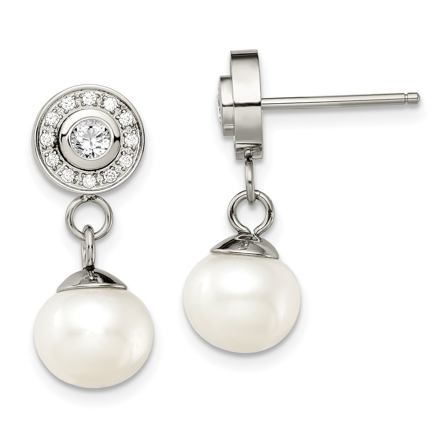 Chisel Stainless Steel Polished CZ and Freshwater Cultured Pearl Post Dangle Earrings