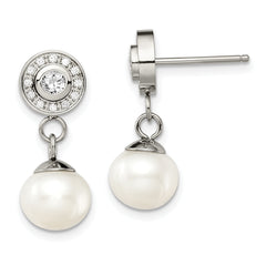 Chisel Stainless Steel Polished CZ and Freshwater Cultured Pearl Post Dangle Earrings