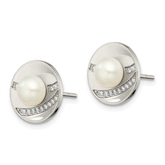 Chisel Stainless Steel Polished CZ and Freshwater Cultured Pearl Post Earrings