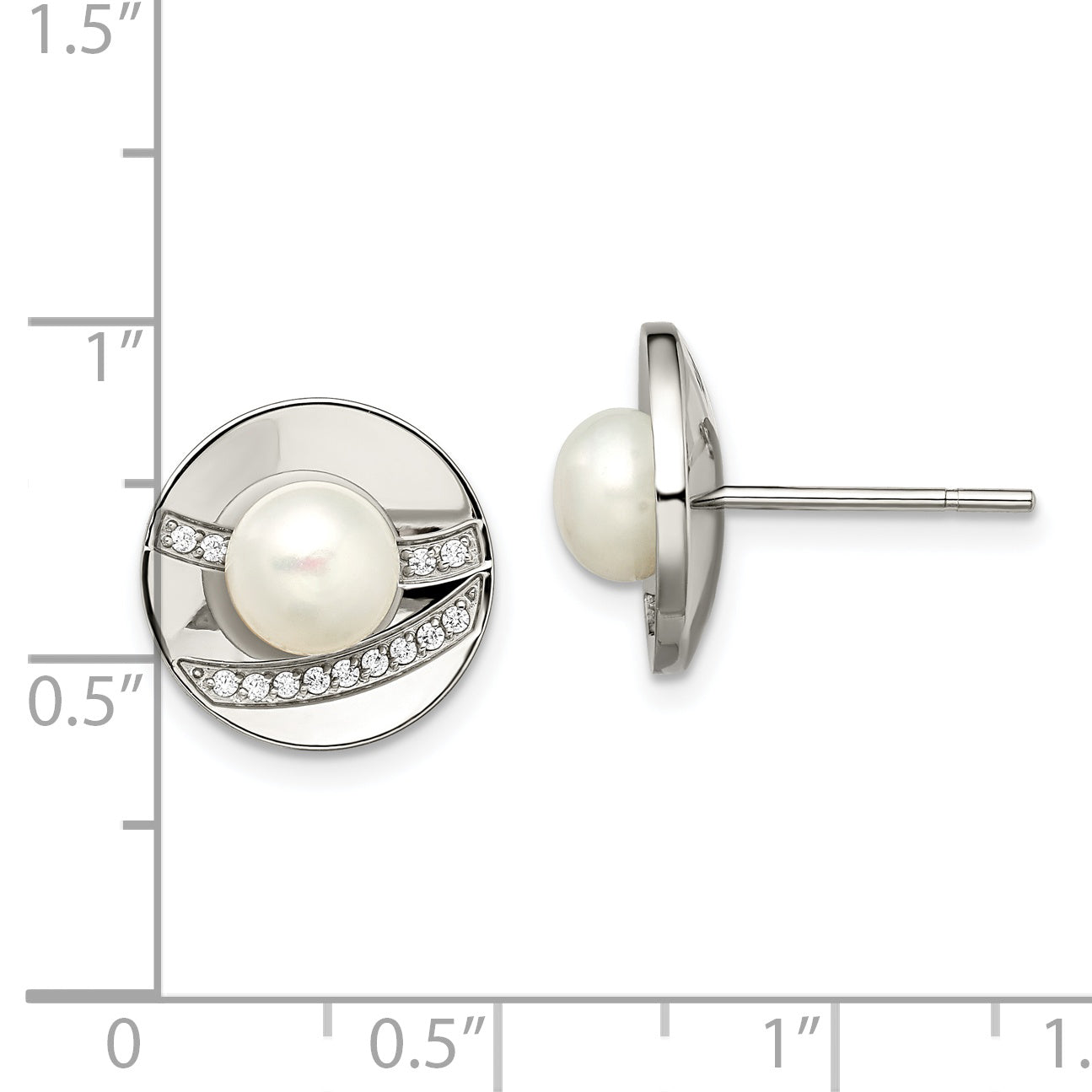 Chisel Stainless Steel Polished CZ and Freshwater Cultured Pearl Post Earrings