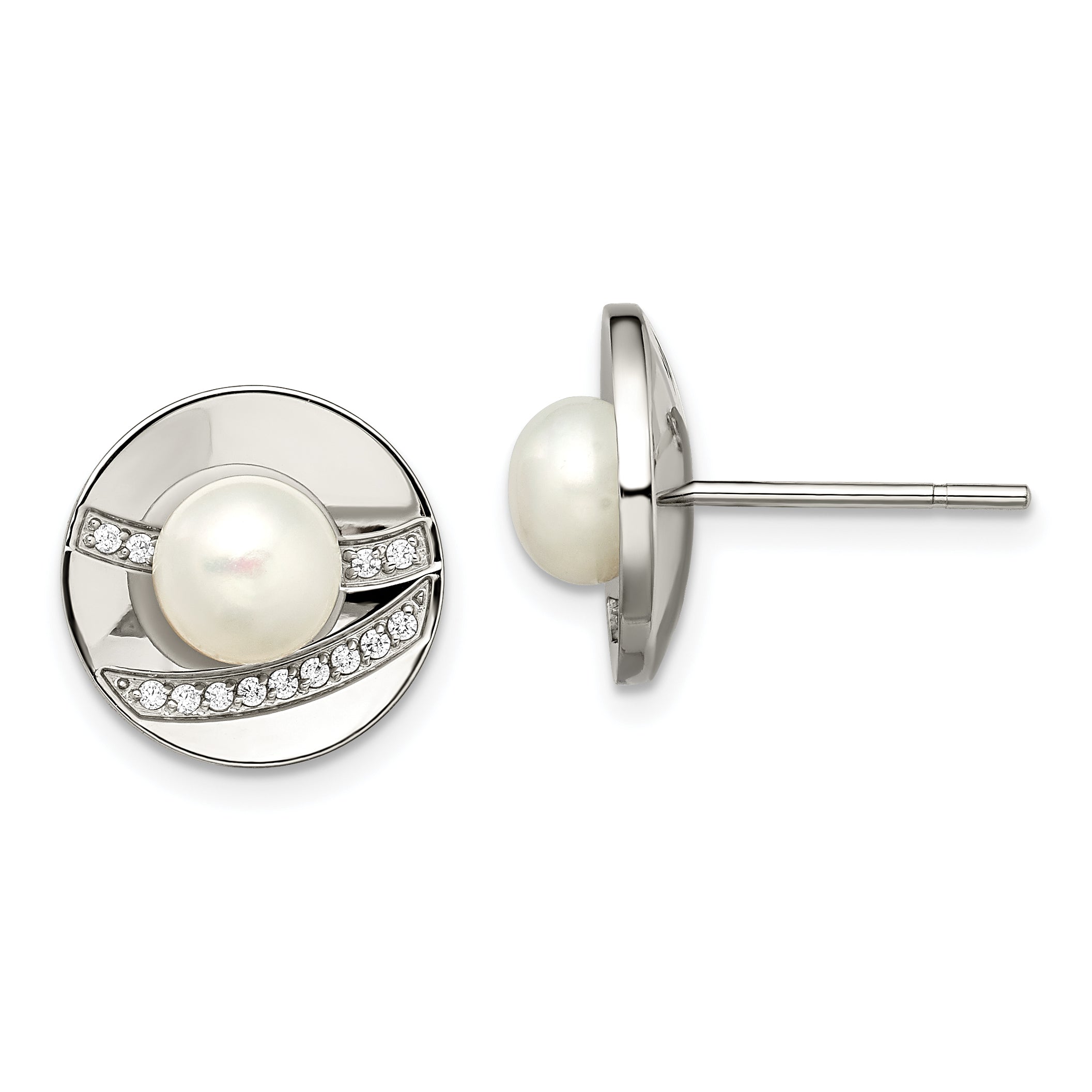 Chisel Stainless Steel Polished CZ and Freshwater Cultured Pearl Post Earrings