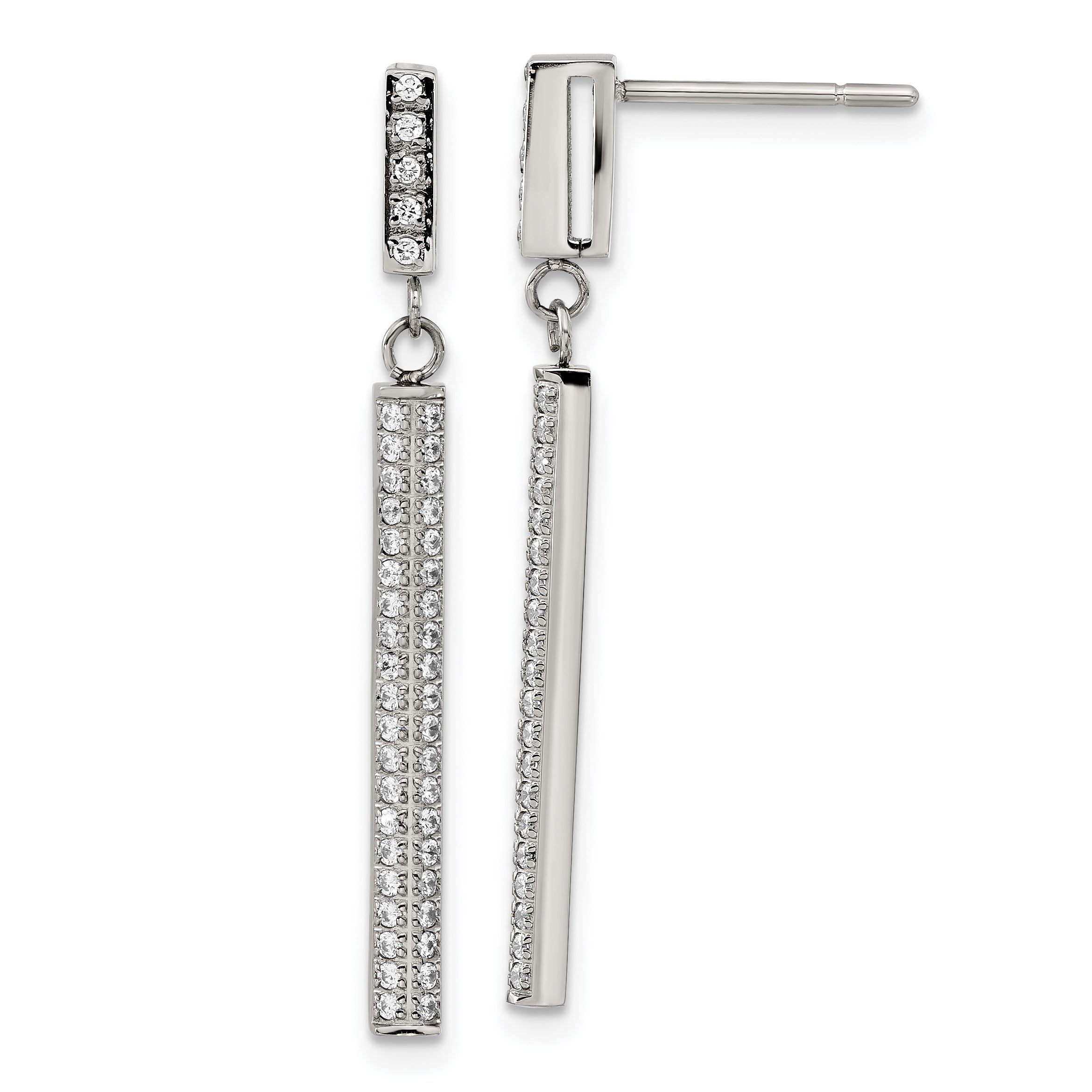 Stainless Steel Polished CZ Bar Post Dangle Earrings