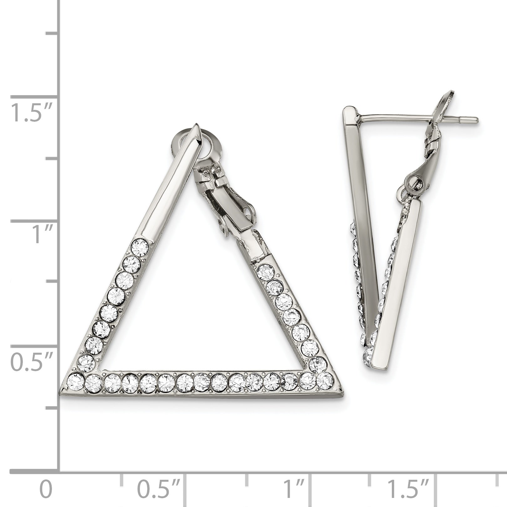 Stainless Steel Crystal Triangle Hoop Earrings with Omega Back Polished Finish