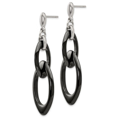 Stainless Steel and Black Ceramic Dangle Earrings with Polished Finish