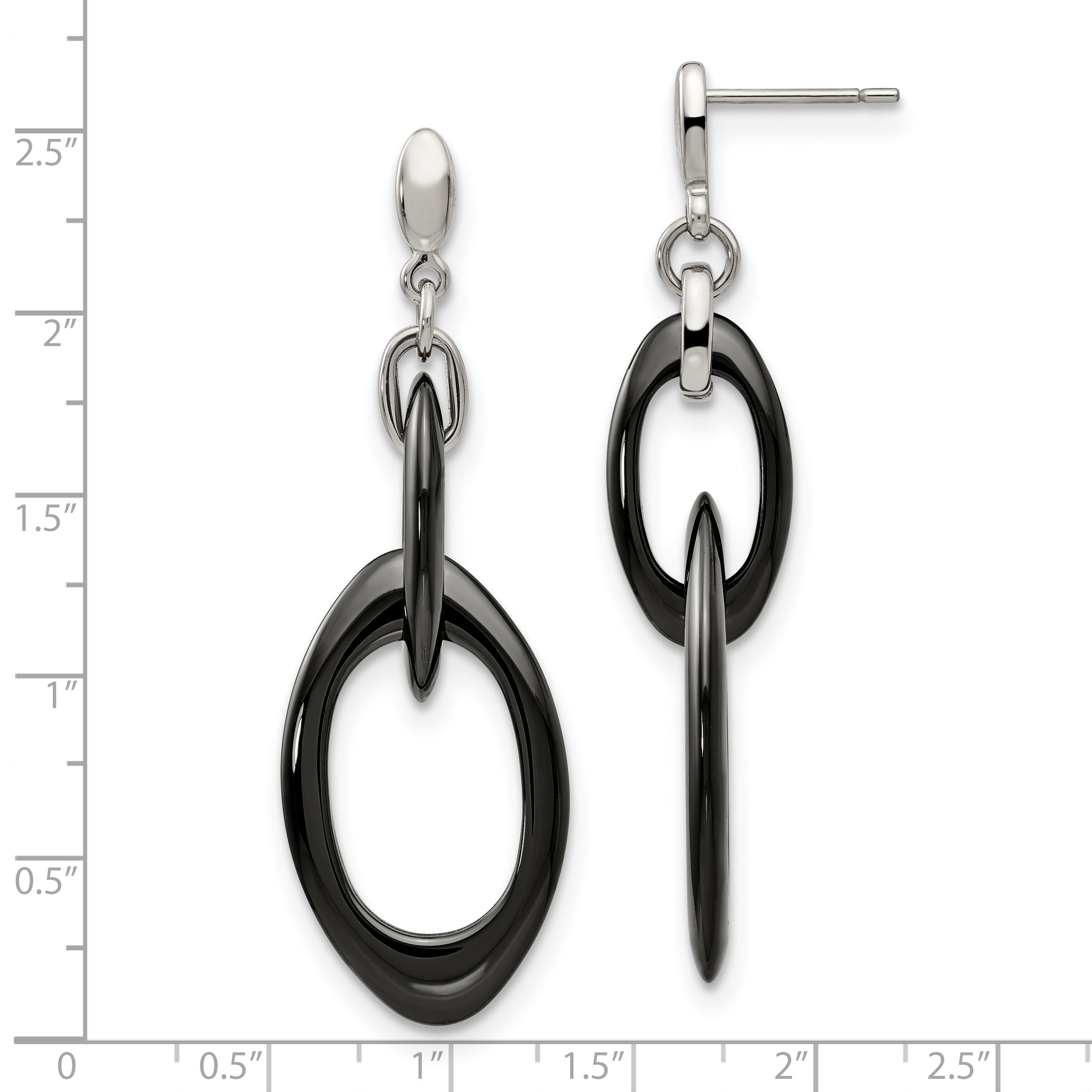 Stainless Steel and Black Ceramic Dangle Earrings with Polished Finish