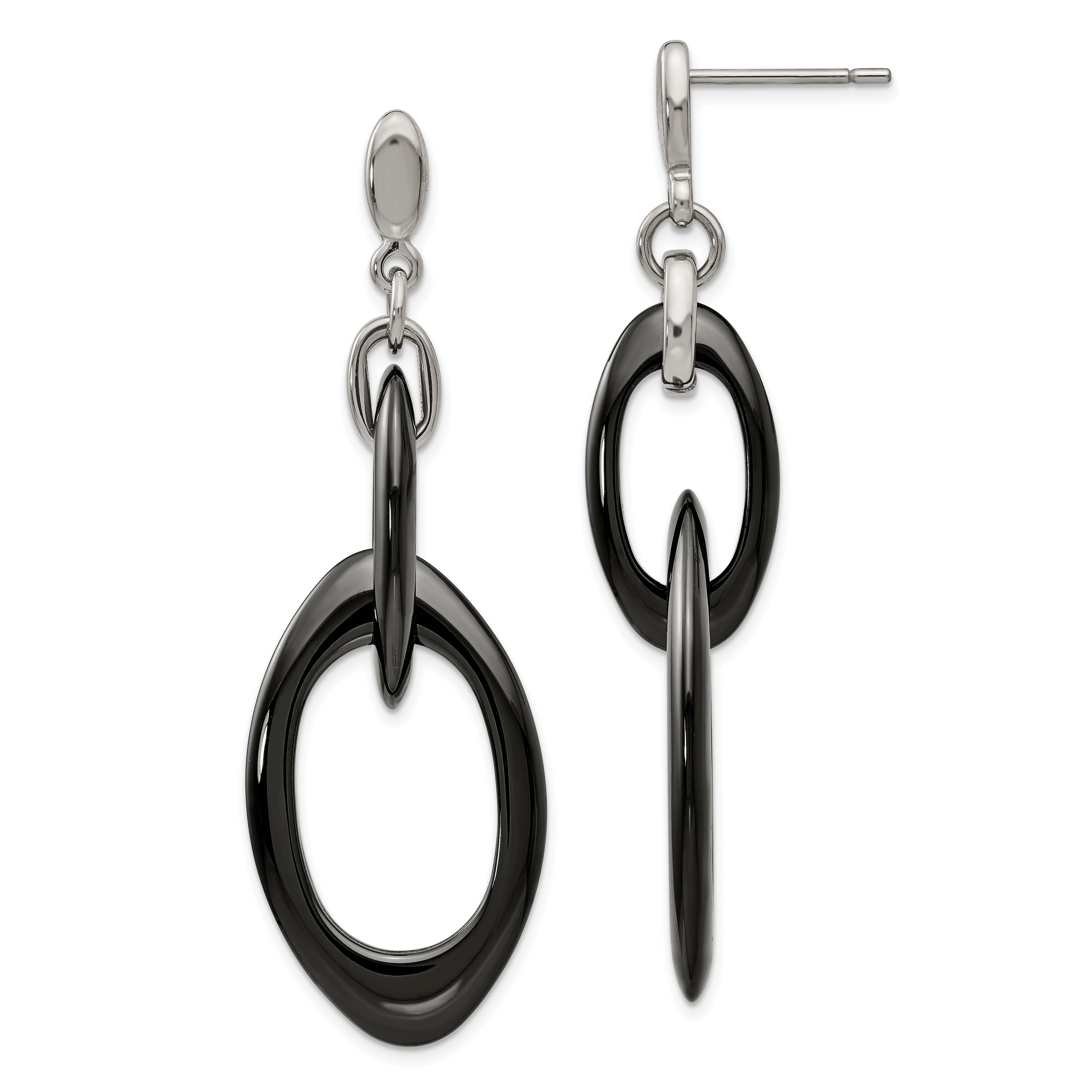 Chisel Stainless Steel Polished with Black Ceramic Post Dangle Earrings