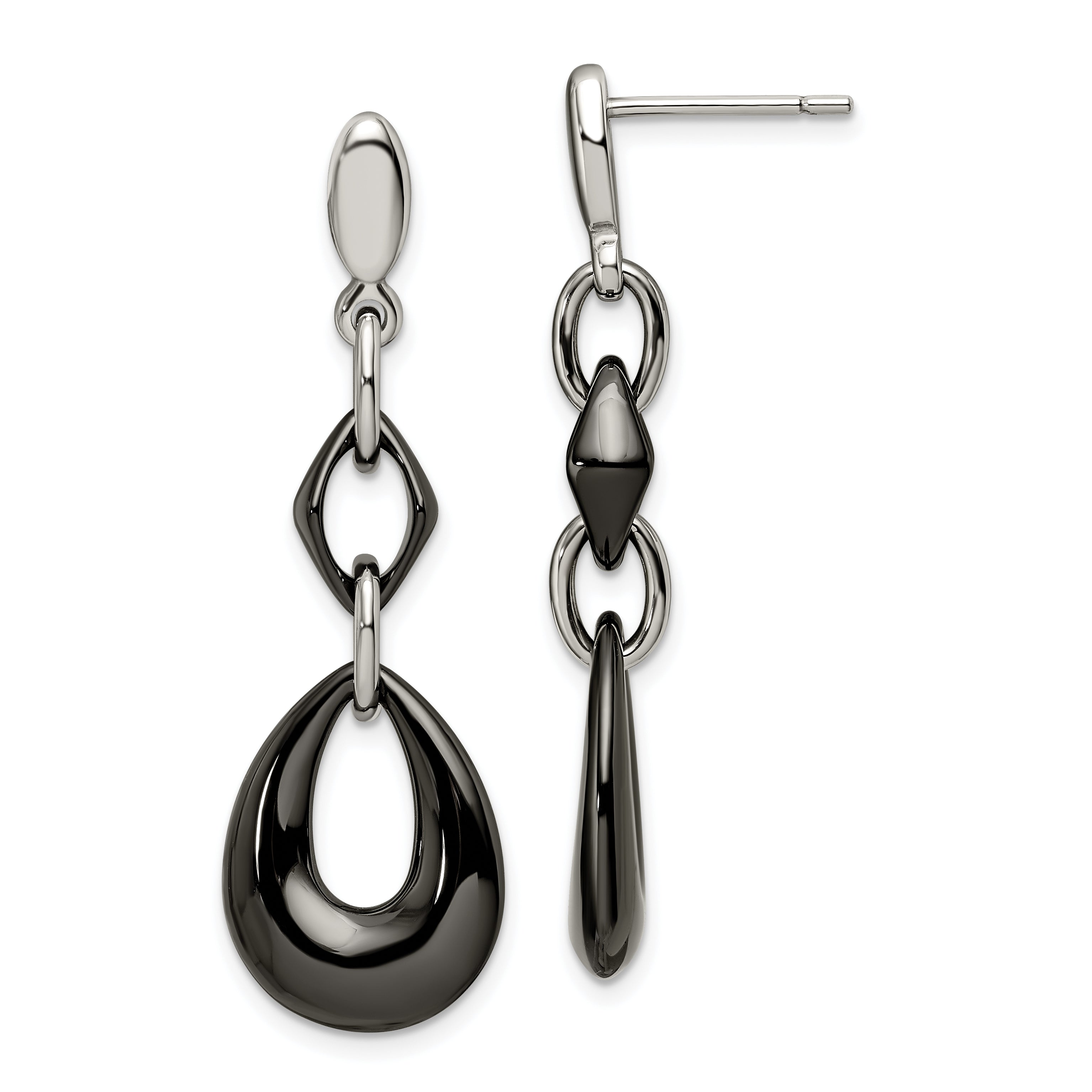 Chisel Stainless Steel Polished with Black Ceramic Post Dangle Earrings