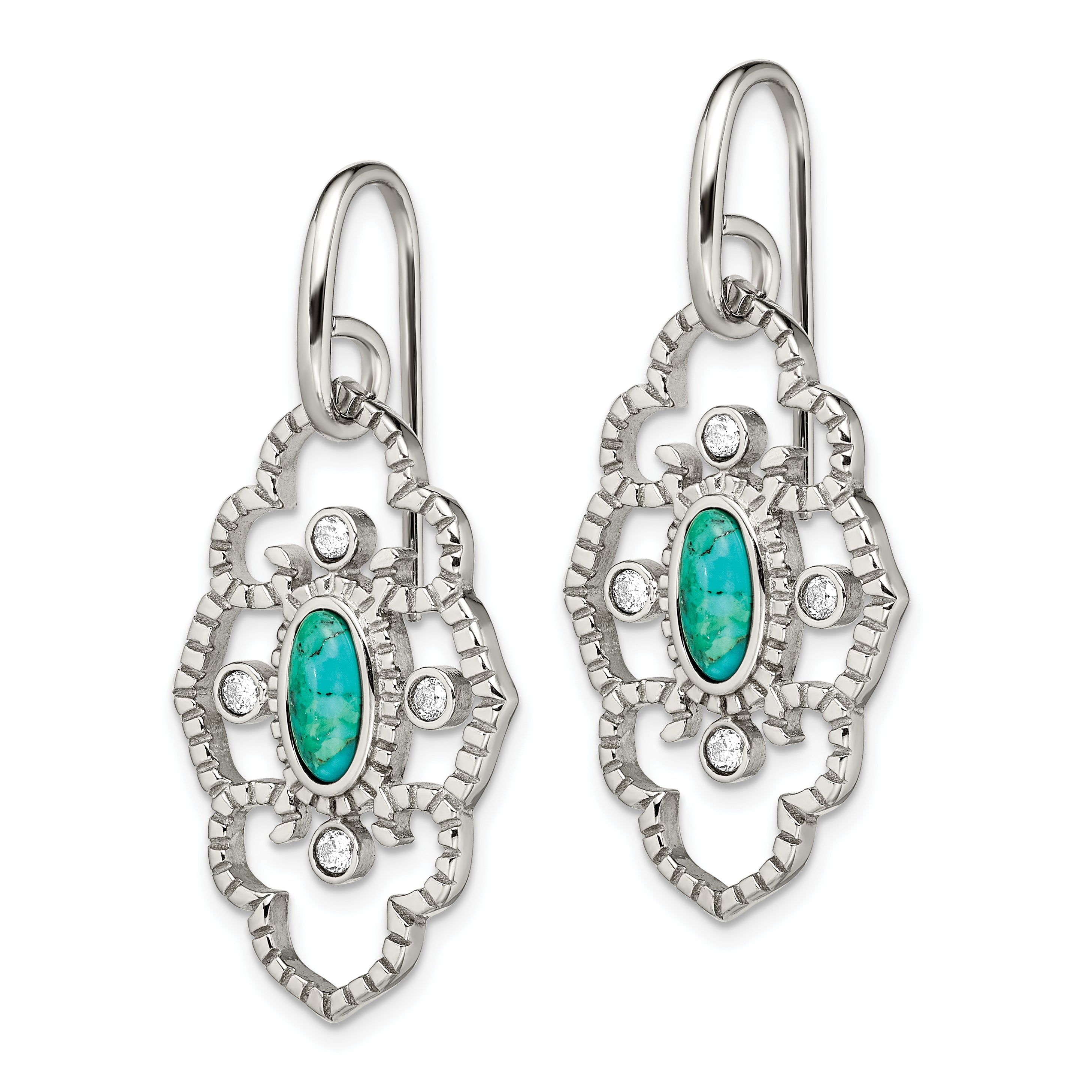 Chisel Stainless Steel Polished Imitation Turquoise and CZ Dangle Shepherd Hook Earrings