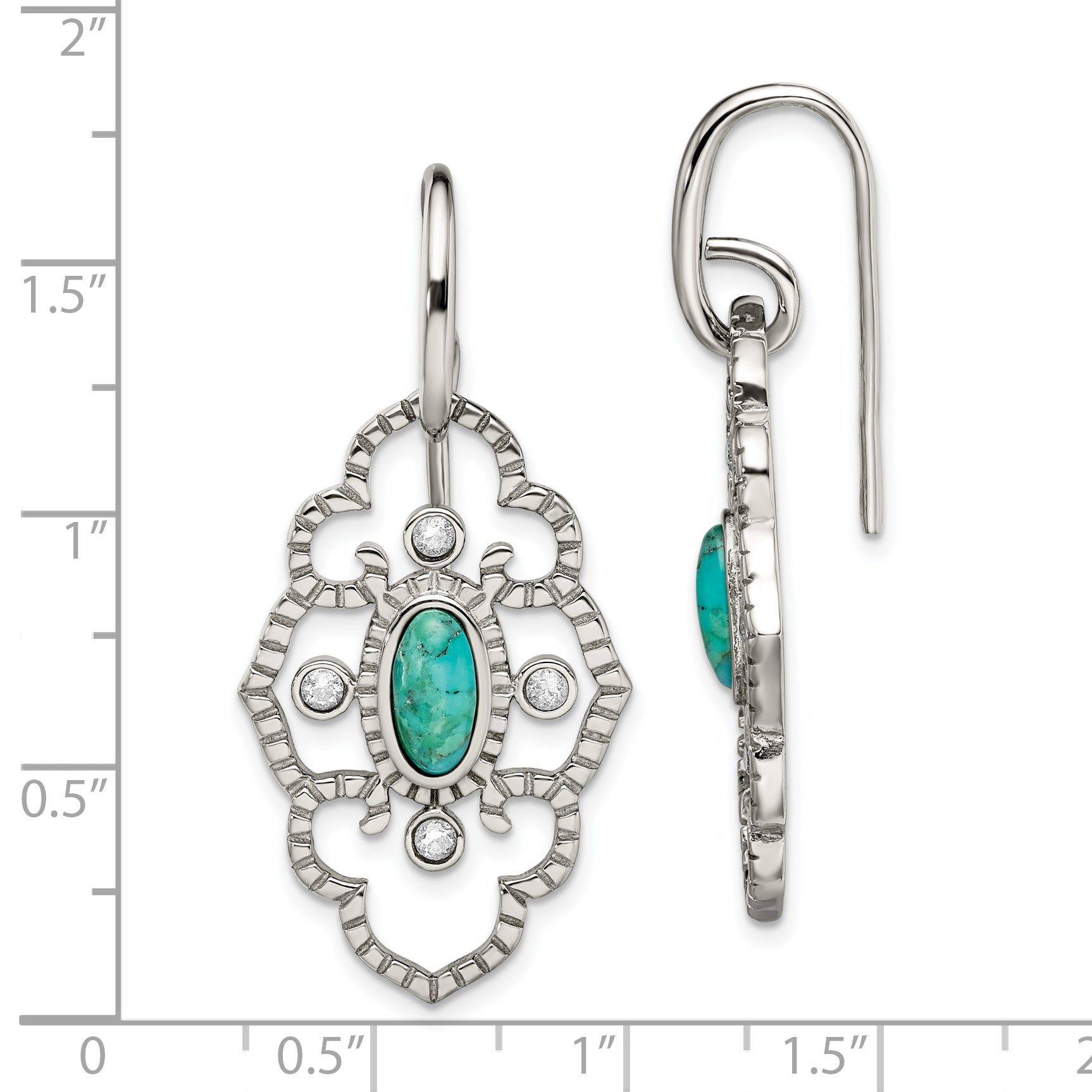 Chisel Stainless Steel Polished Imitation Turquoise and CZ Dangle Shepherd Hook Earrings