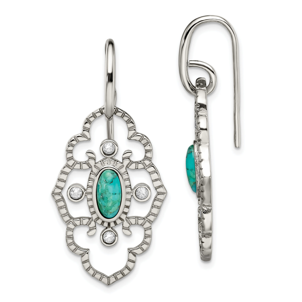 Chisel Stainless Steel Polished Imitation Turquoise and CZ Dangle Shepherd Hook Earrings