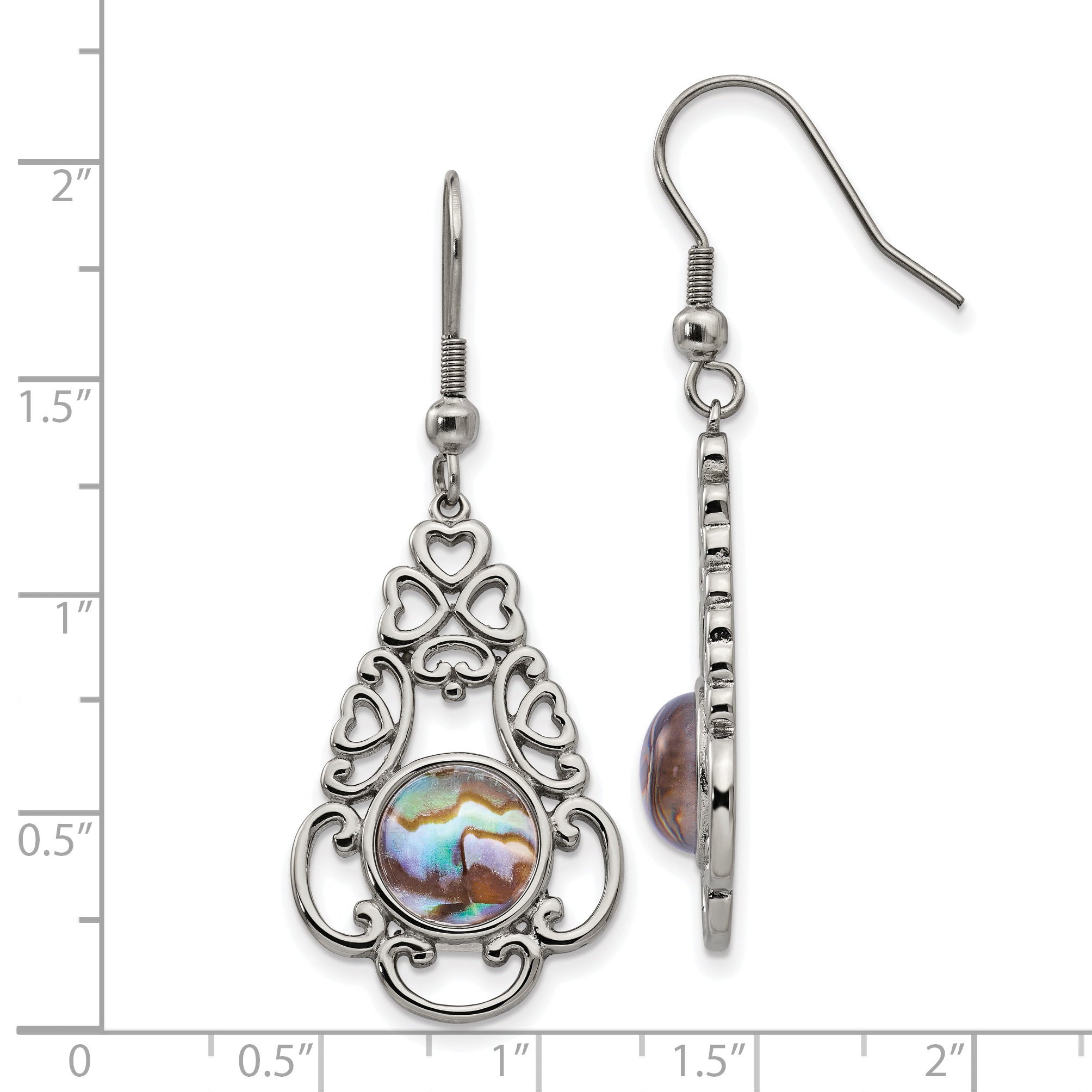 Chisel Stainless Steel Polished Filigree Imitation Abalone and Glass Dangle Shepherd Hook Earrings