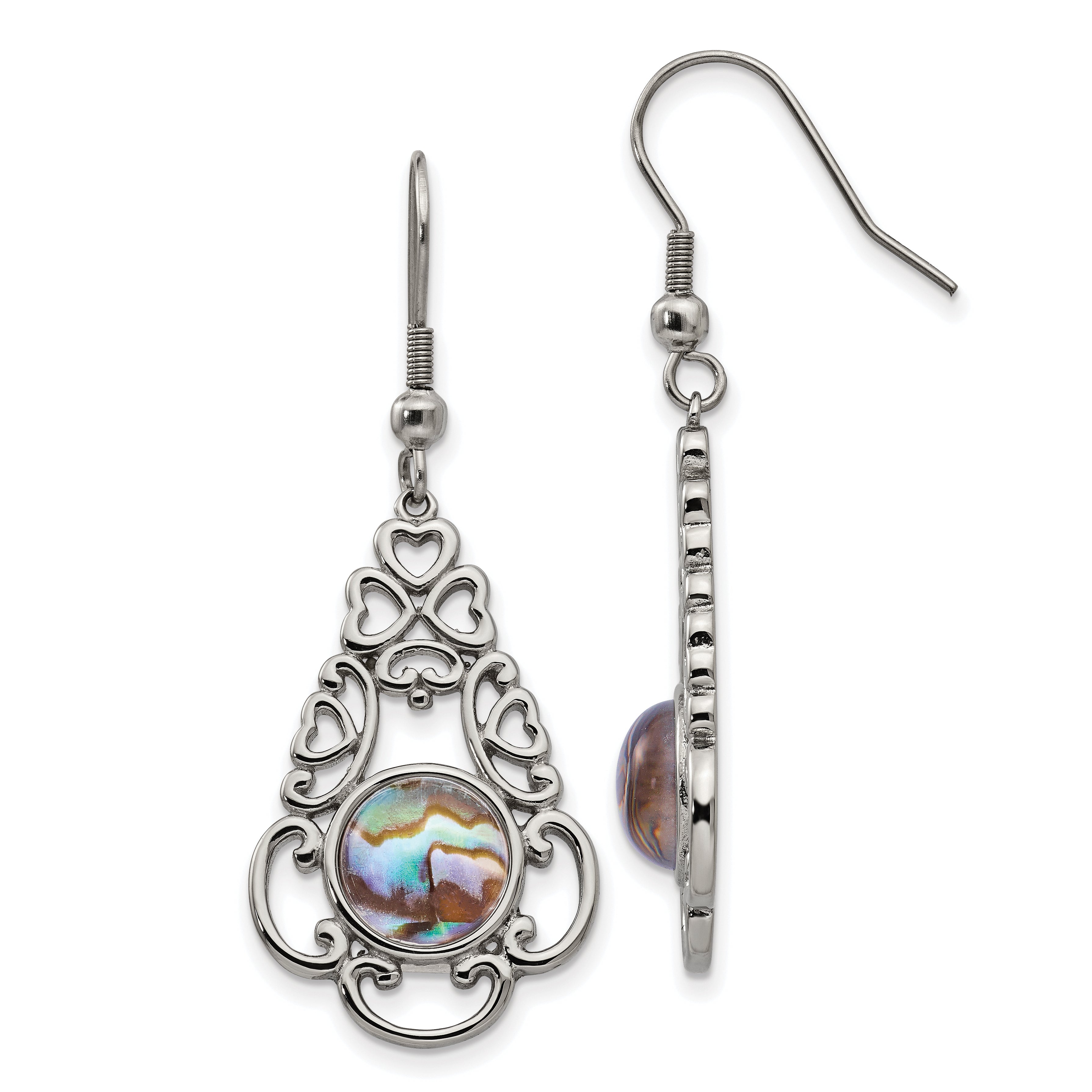 Chisel Stainless Steel Polished Filigree Imitation Abalone and Glass Dangle Shepherd Hook Earrings