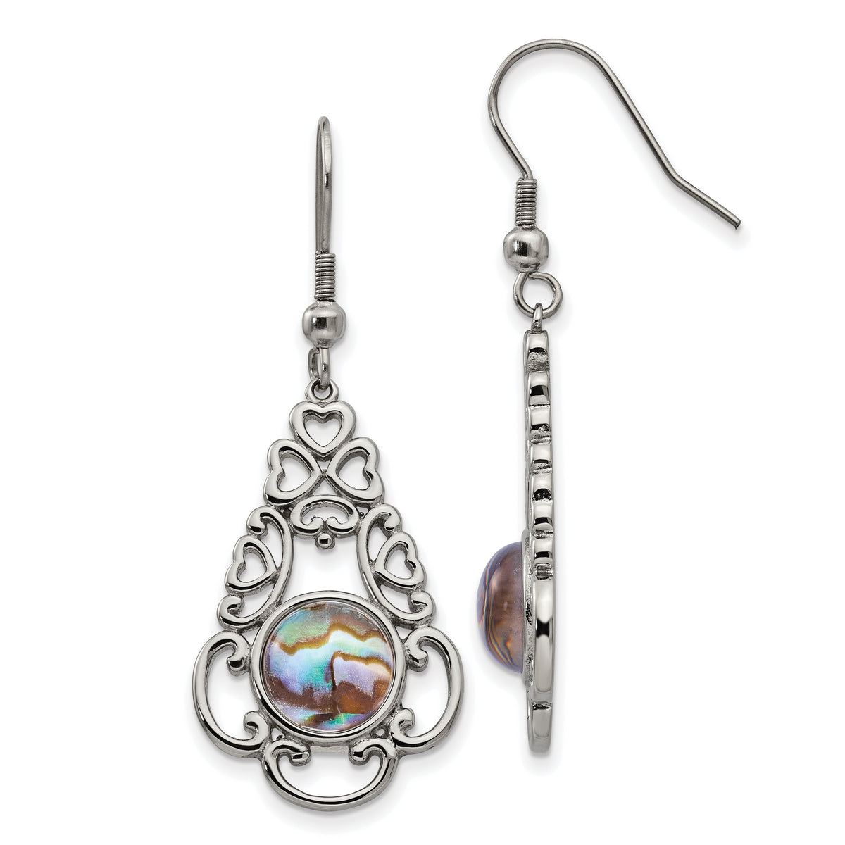 Chisel Stainless Steel Polished Filigree Imitation Abalone and Glass Dangle Shepherd Hook Earrings