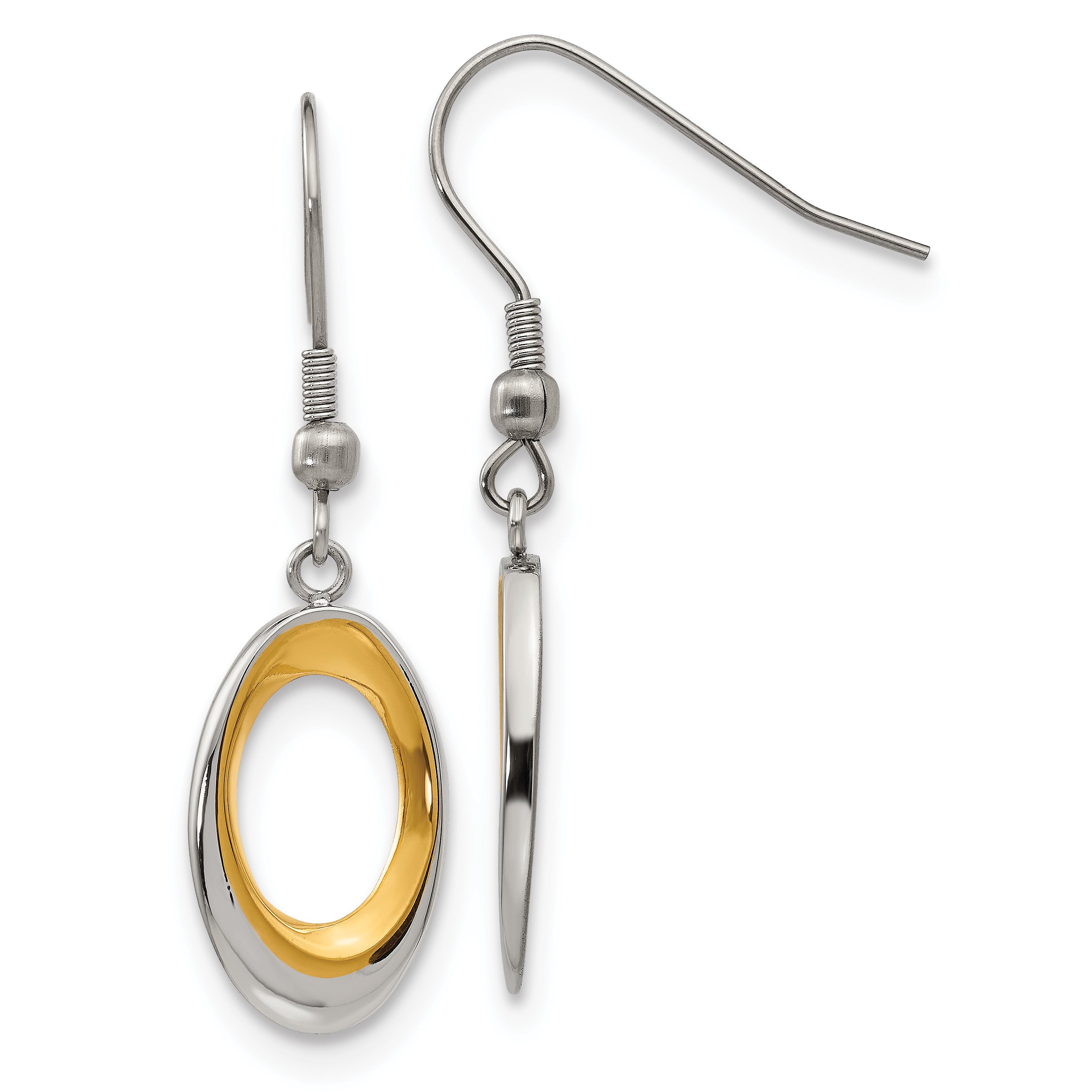 Stainless Steel Polished Yellow IP Oval Dangle Shepherd Hook Earrings