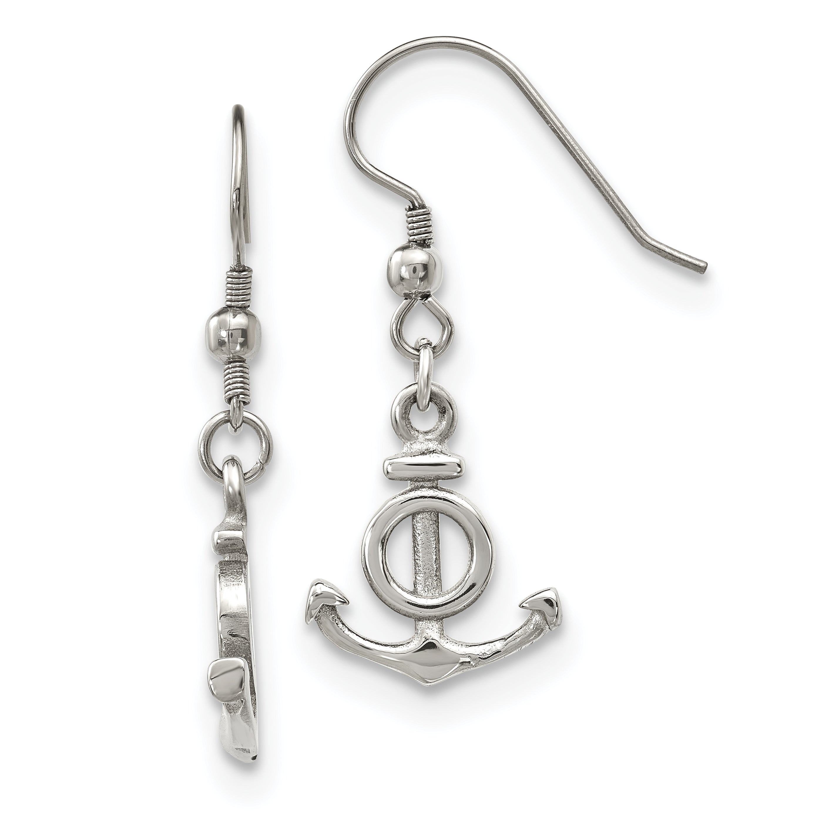 Stainless Steel Polished Anchor Dangle Shepherd Hook Earrings