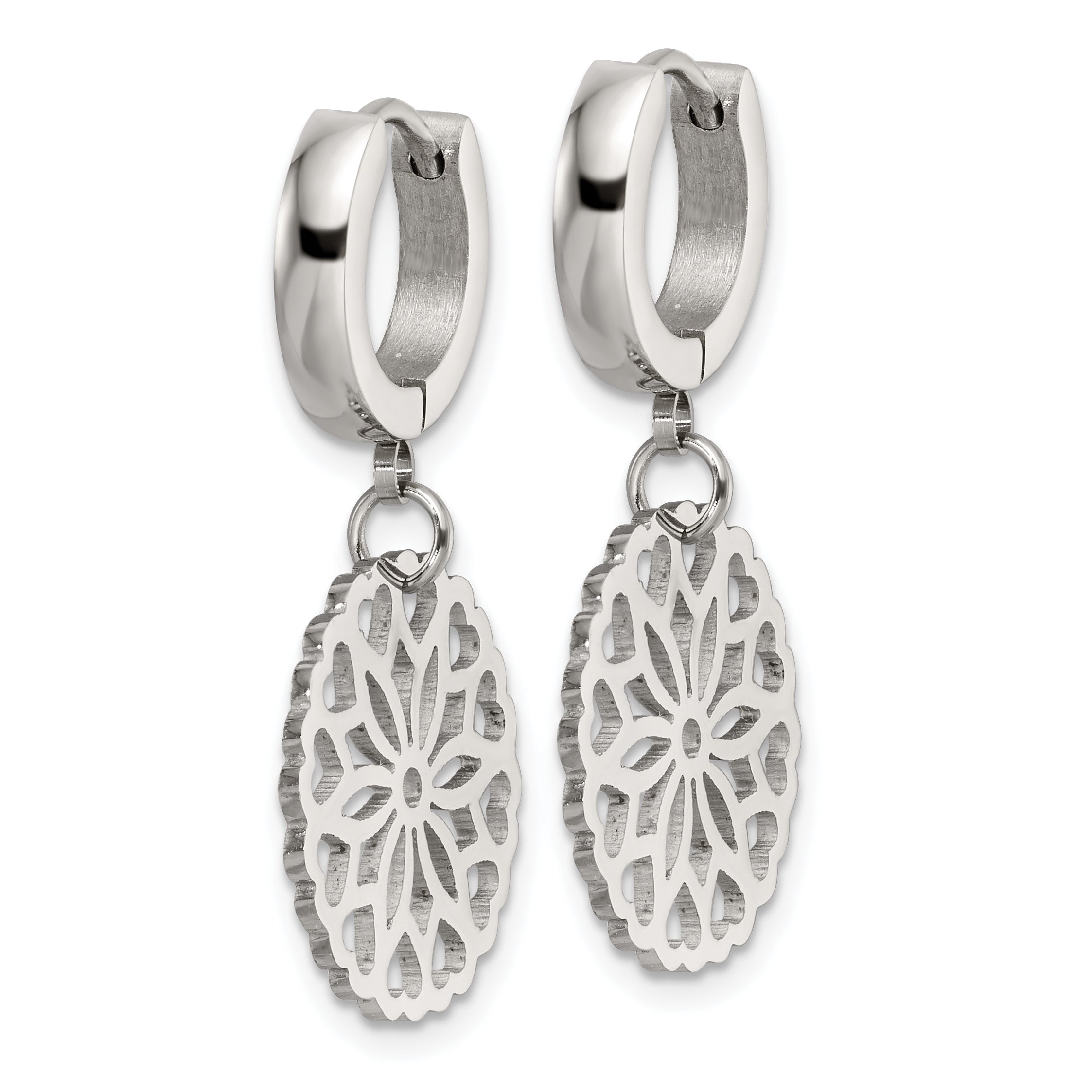 Chisel Stainless Steel Polished Flower Dangle Hinged Hoop Earrings