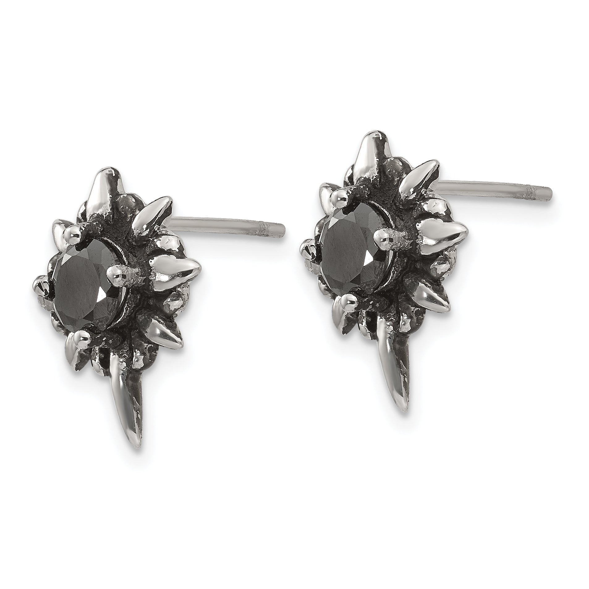 Chisel Stainless Steel Antiqued and Polished with Black CZ Post Earrings