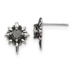 Chisel Stainless Steel Antiqued and Polished with Black CZ Post Earrings