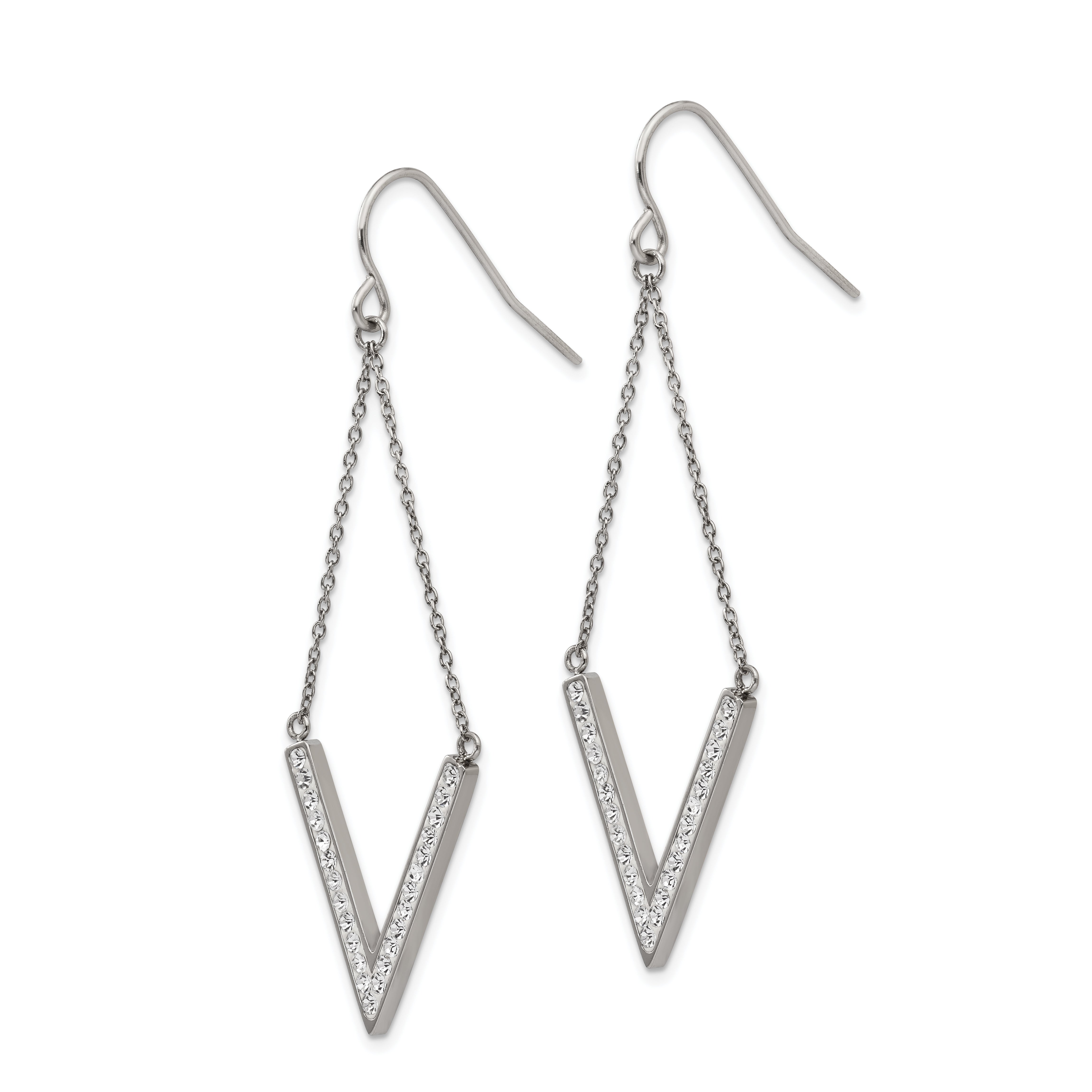 Chisel Stainless Steel Polished with Preciosa Crystal V-shape Dangle Shepherd Hook Earrings